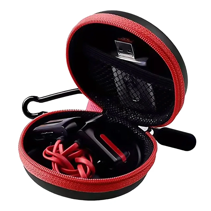Customized Round Shape Black PU EVA Earphone Case With Red Zipper Fabric And Metal Hook