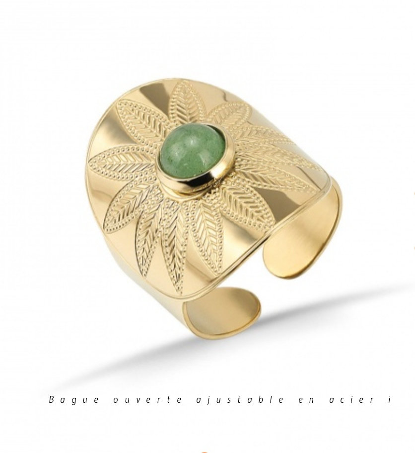 Bague ajustable dorée avec pierre verte