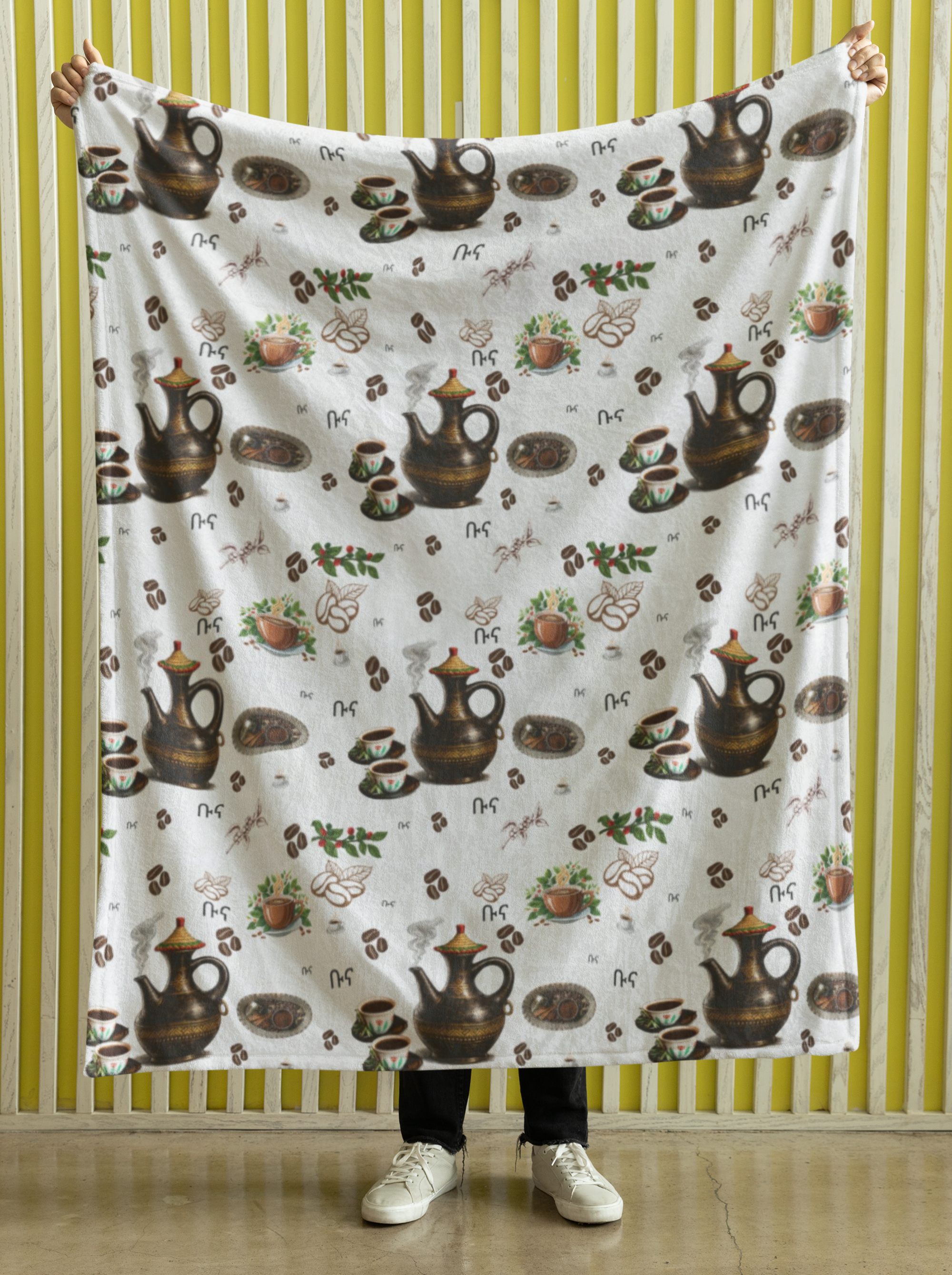 Habeshan Coffee Pot and Beans Velveteen Plush Blanket | Coffee Pattern Throw