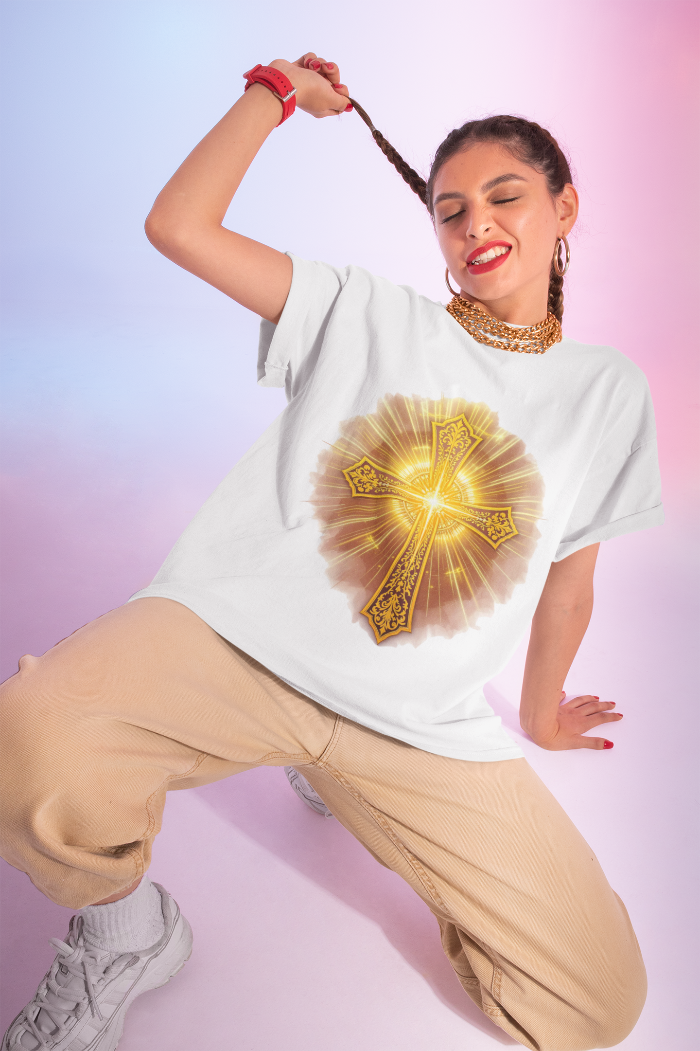 Radiant Ornate Cross T-Shirt | Golden Christian Faith Tee
