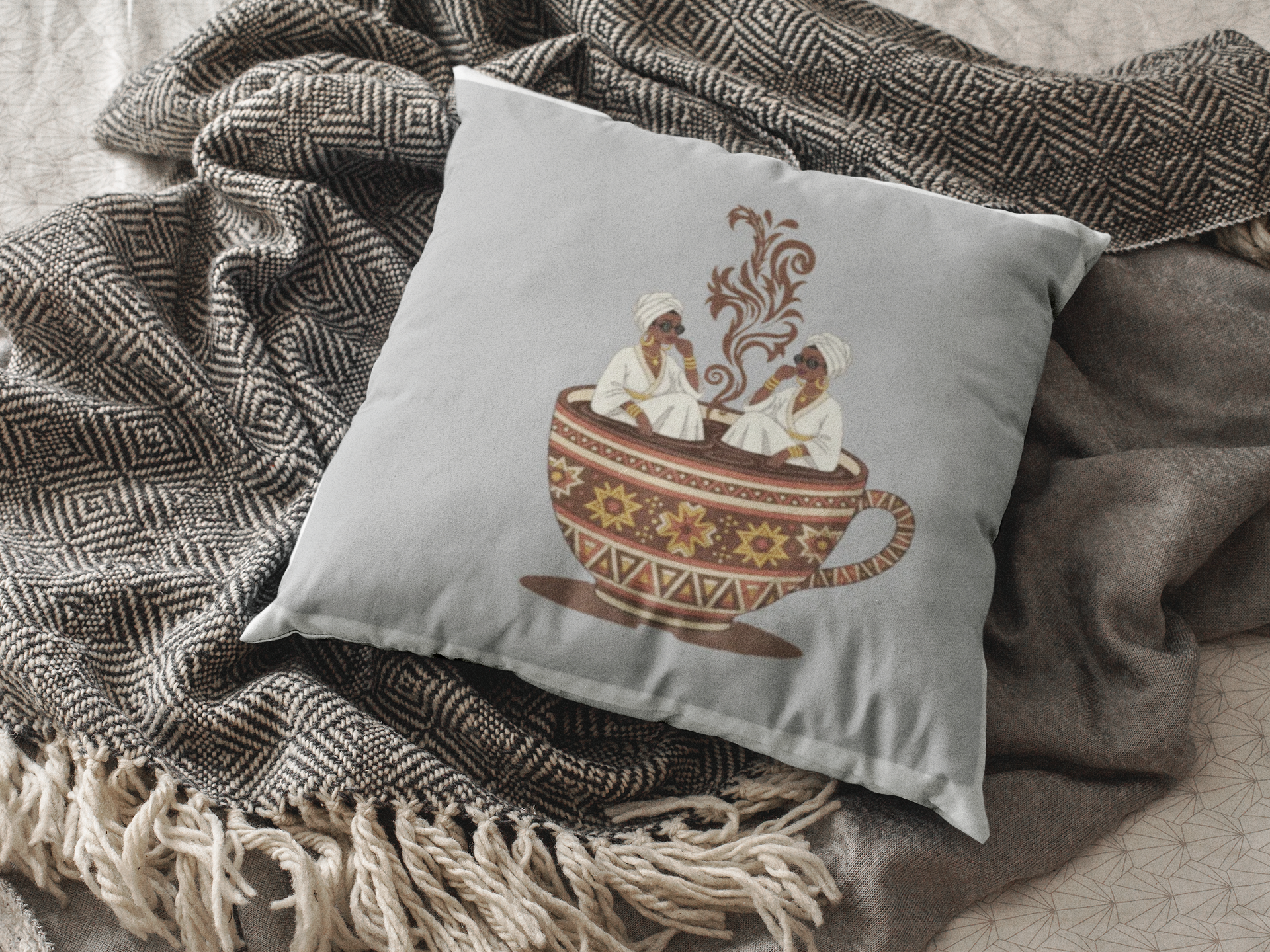 Ethiopian Coffee Ceremony Illustration Pillow | Square Pillow