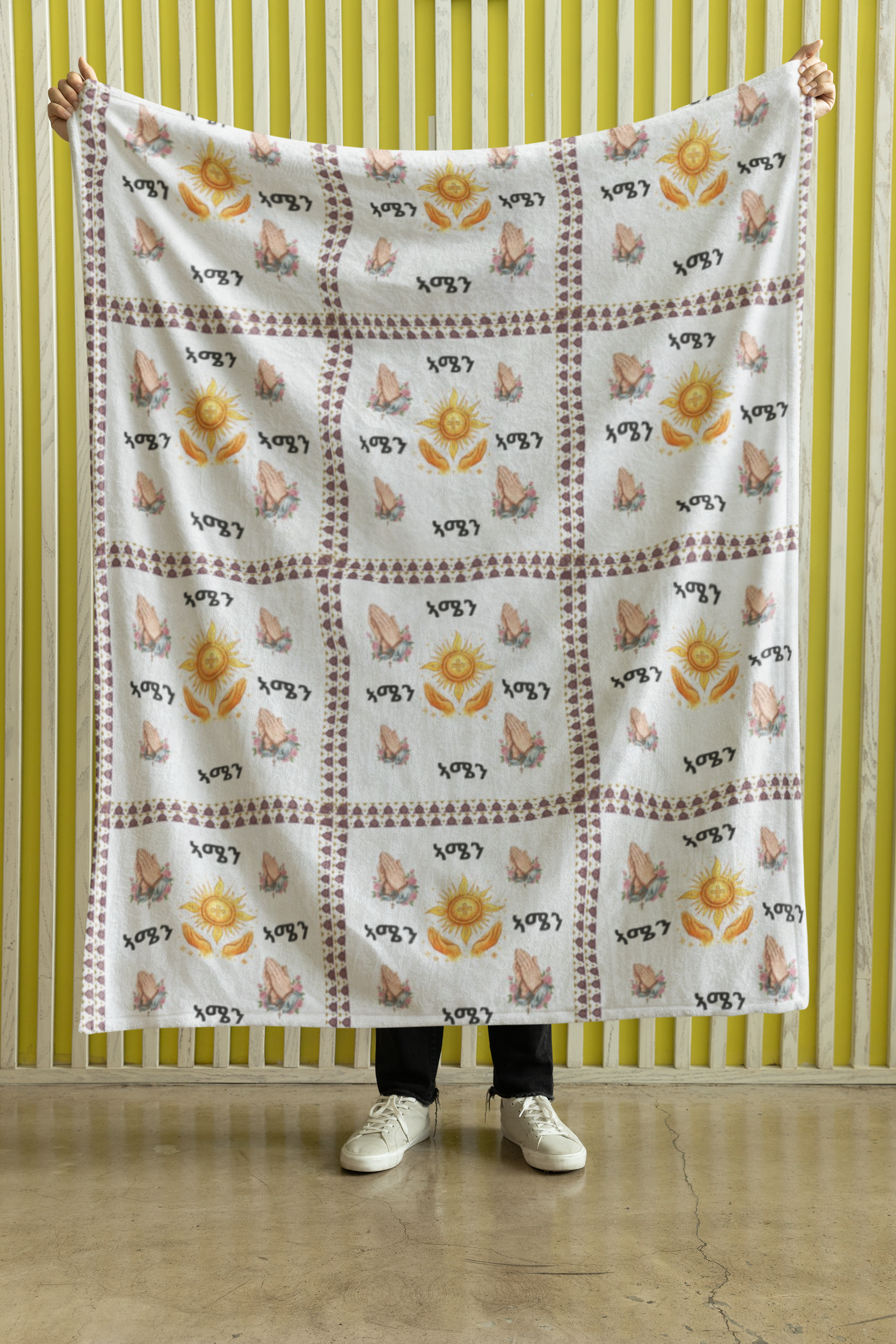 Amharic Amen with Praying Hands Velveteen Plush Blanket | Geez Script