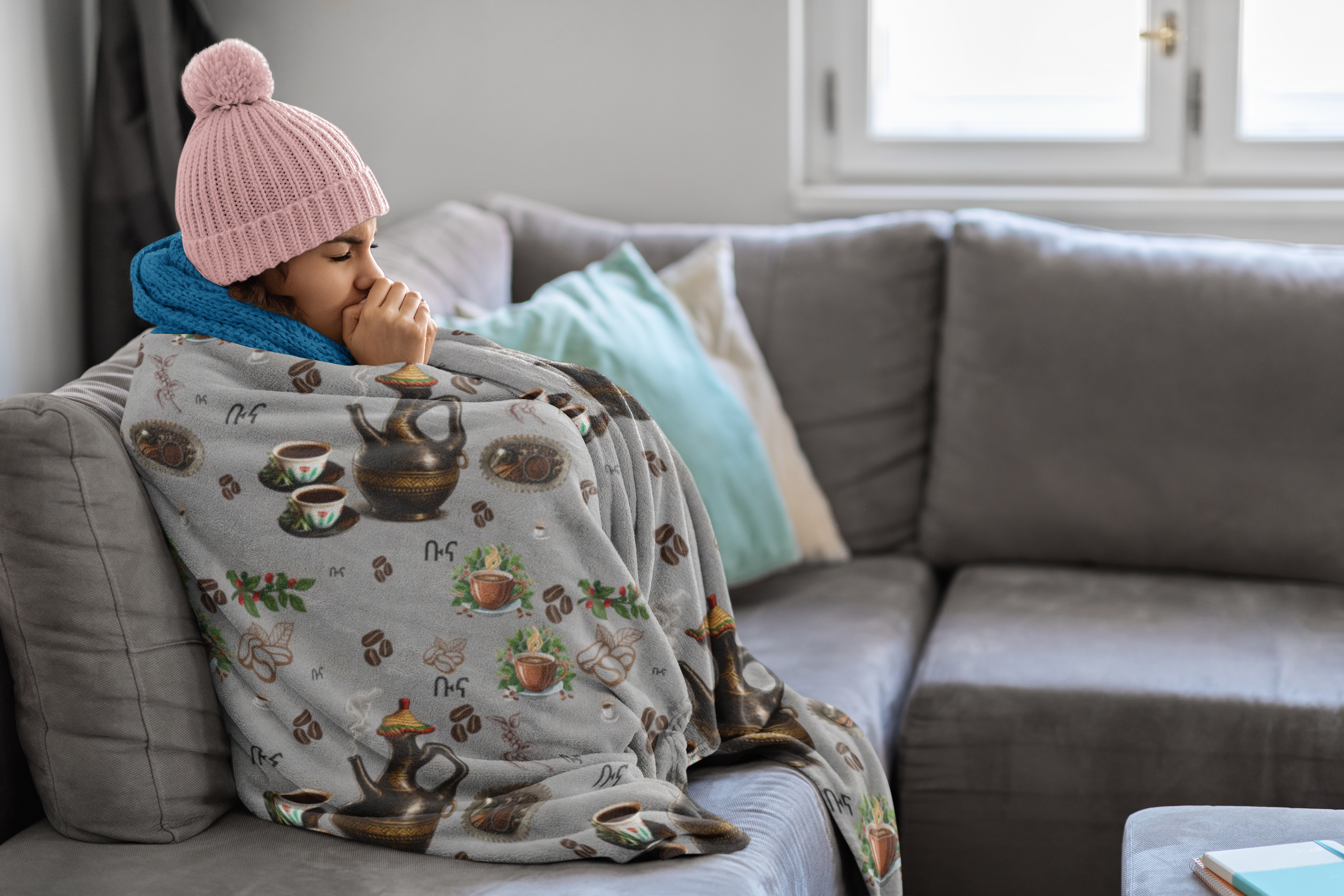 Habeshan Coffee Pot and Beans Velveteen Plush Blanket | Coffee Pattern Throw