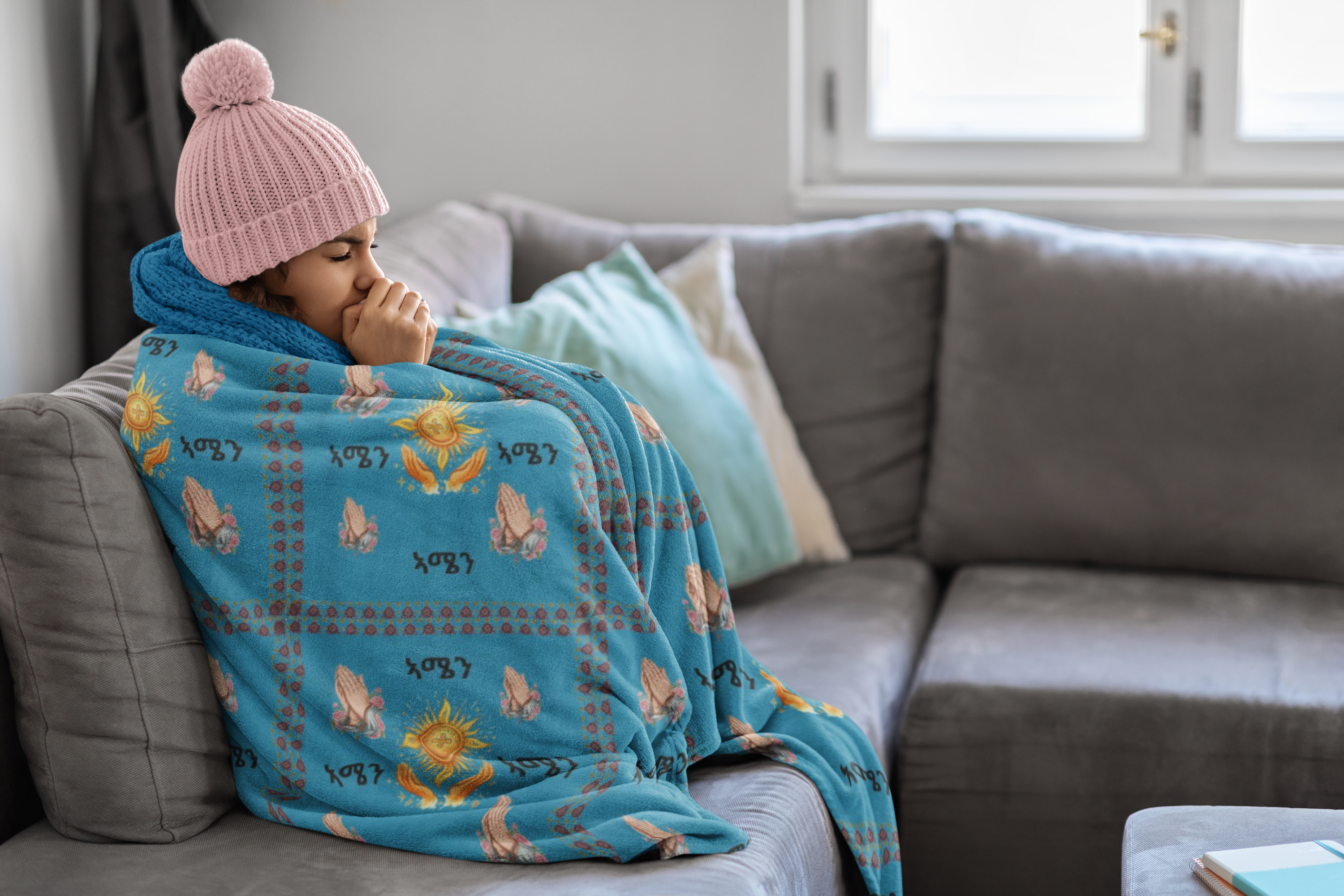 Amharic Amen with Praying Hands Velveteen Plush Blanket | Geez Script