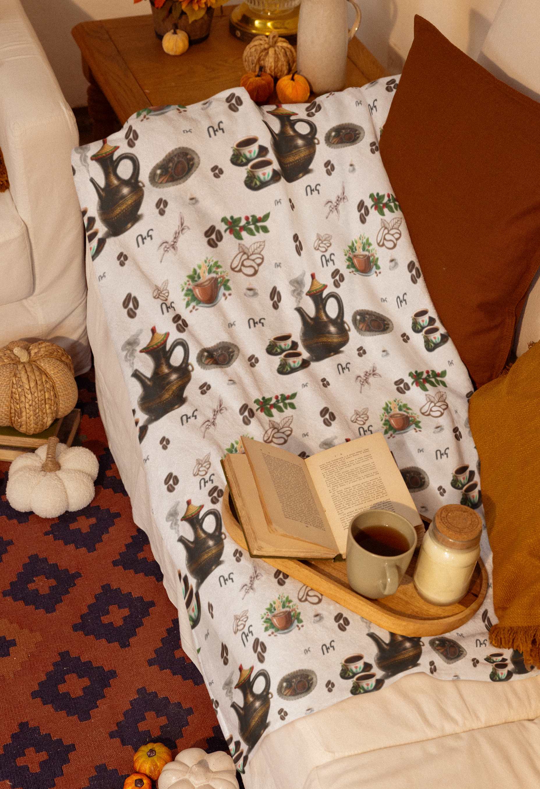 Habeshan Coffee Pot and Beans Velveteen Plush Blanket | Coffee Pattern Throw