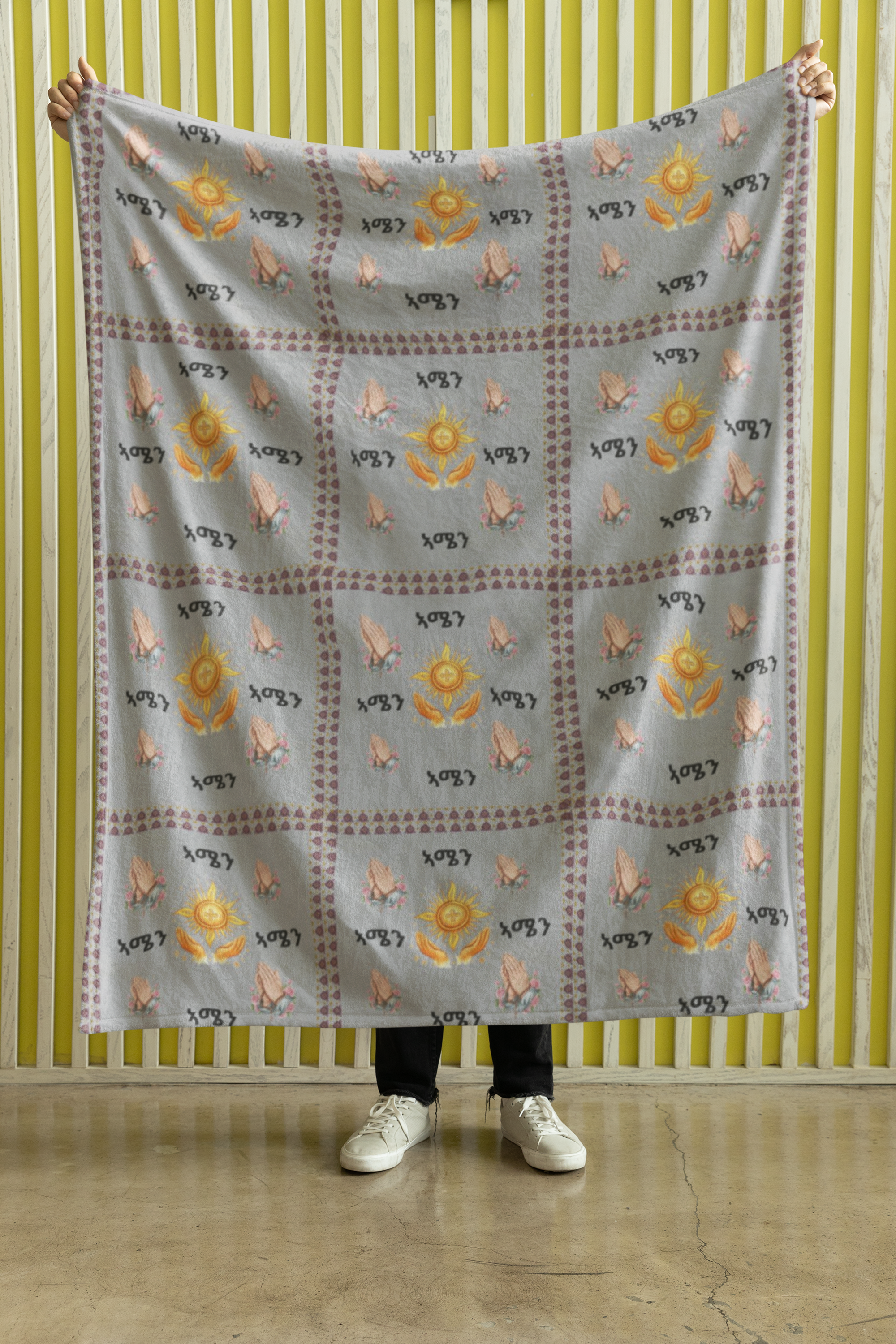 Amharic Amen with Praying Hands Velveteen Plush Blanket | Geez Script
