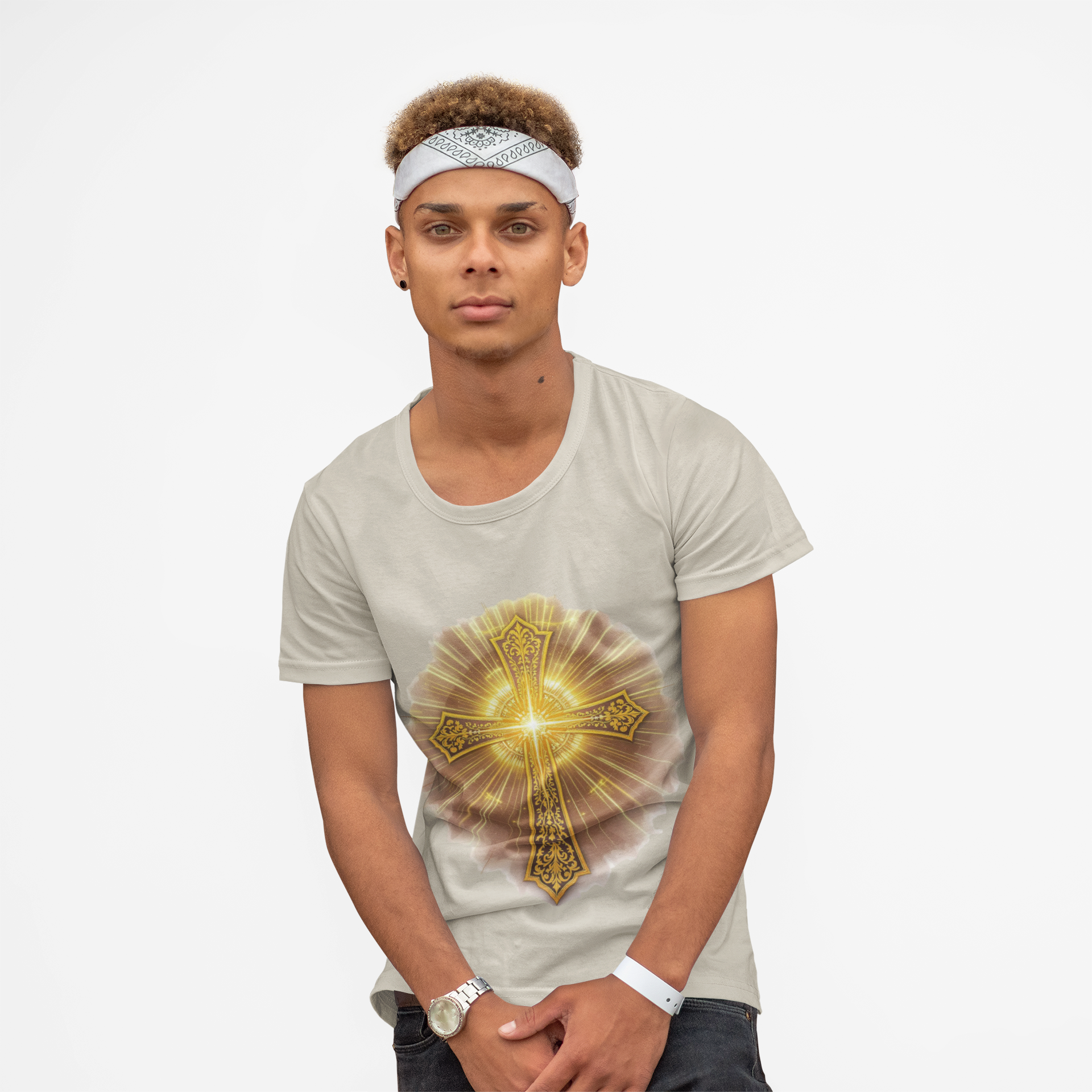 Radiant Ornate Cross T-Shirt | Golden Christian Faith Tee