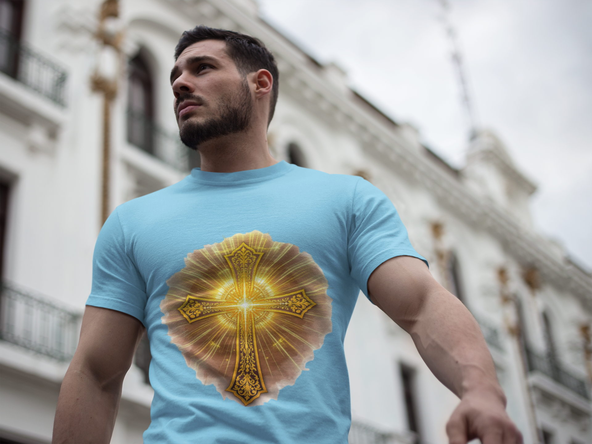 Radiant Ornate Cross T-Shirt | Golden Christian Faith Tee