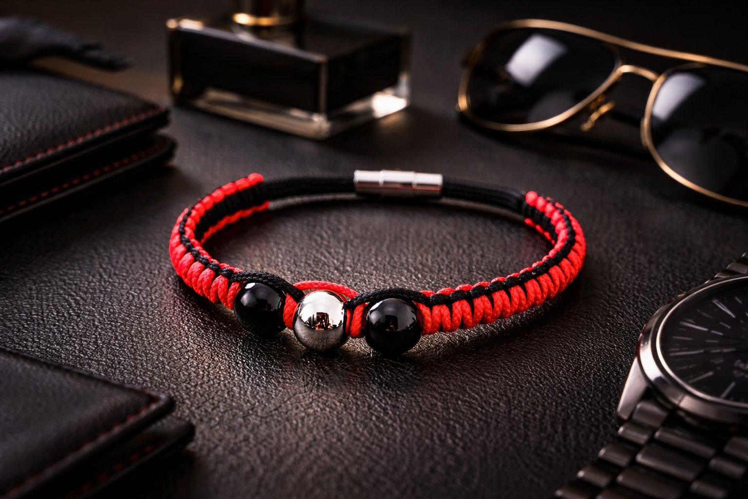 Bracelet Rouge Fluo Boule inox & Agate Noire