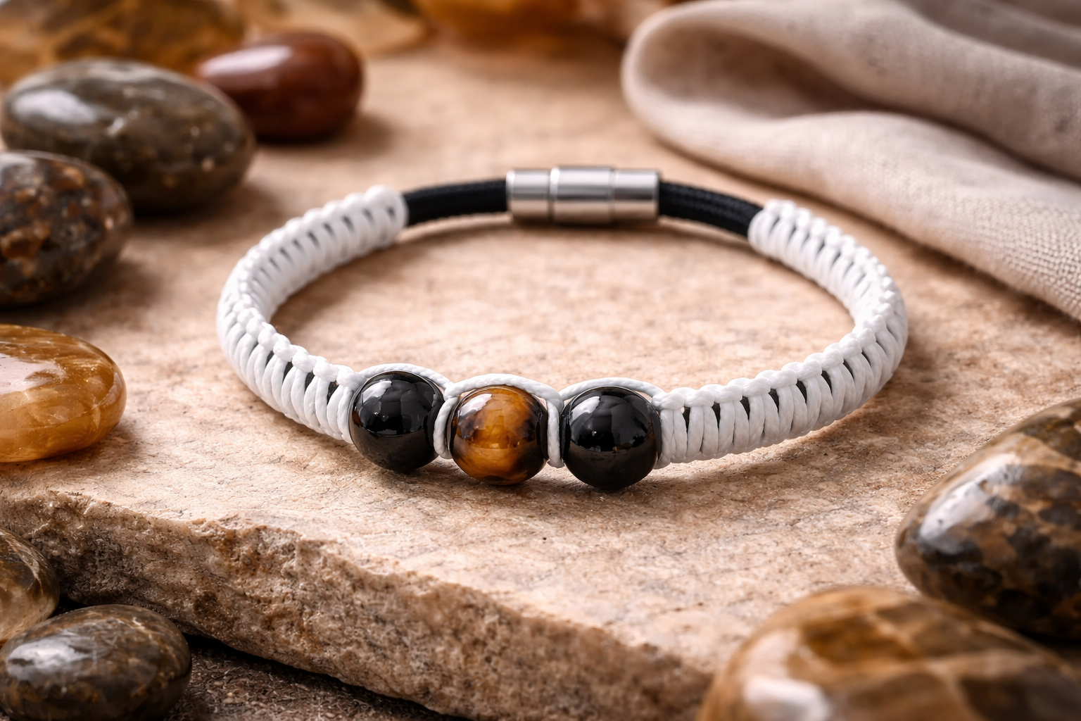 Bracelet Blanc 3 Boules – Agate Noire & Œil de Tigre