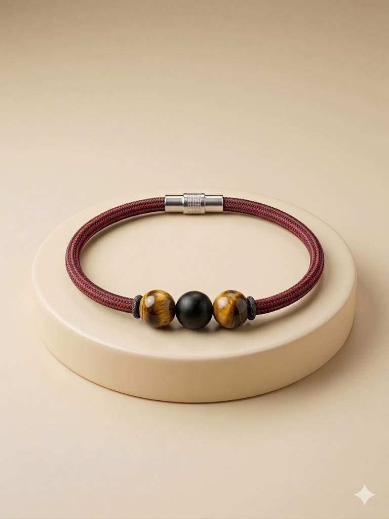 L'Équilibre Tellurique – Bracelet Cordon rouge et noir & Pierres Naturelles