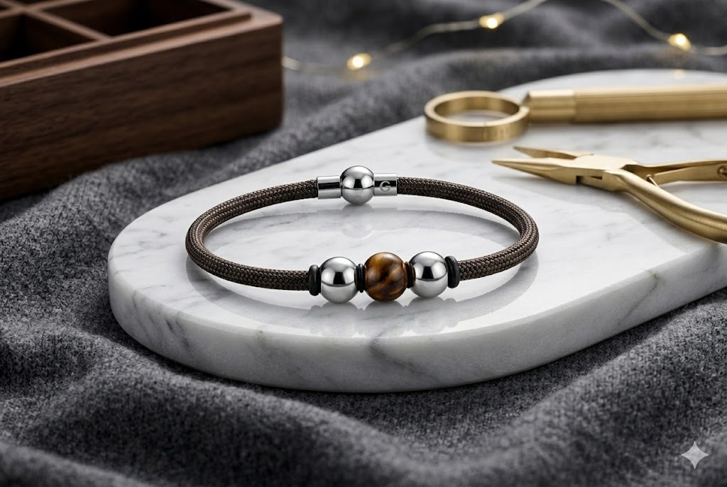 Bracelet Homme boules Acier inox & Pierre Œil de Tigre