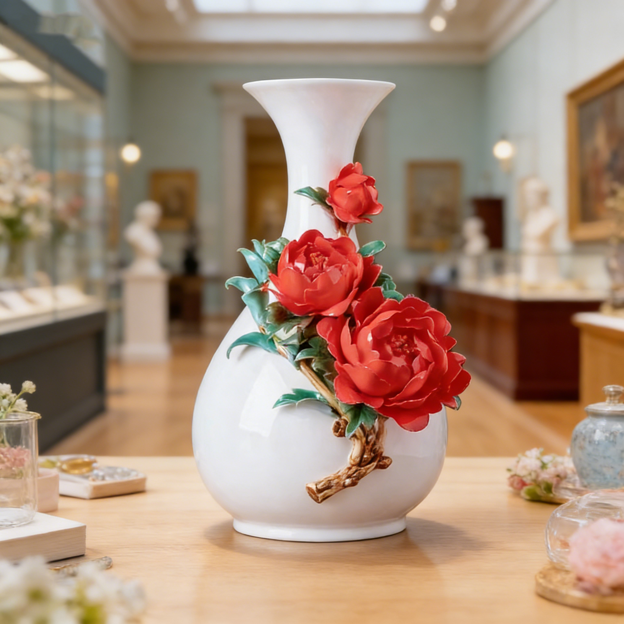 Porcelain Vase with Red Peony Flowers