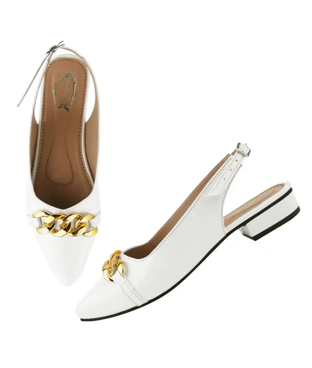 White Slingback Chain Flats