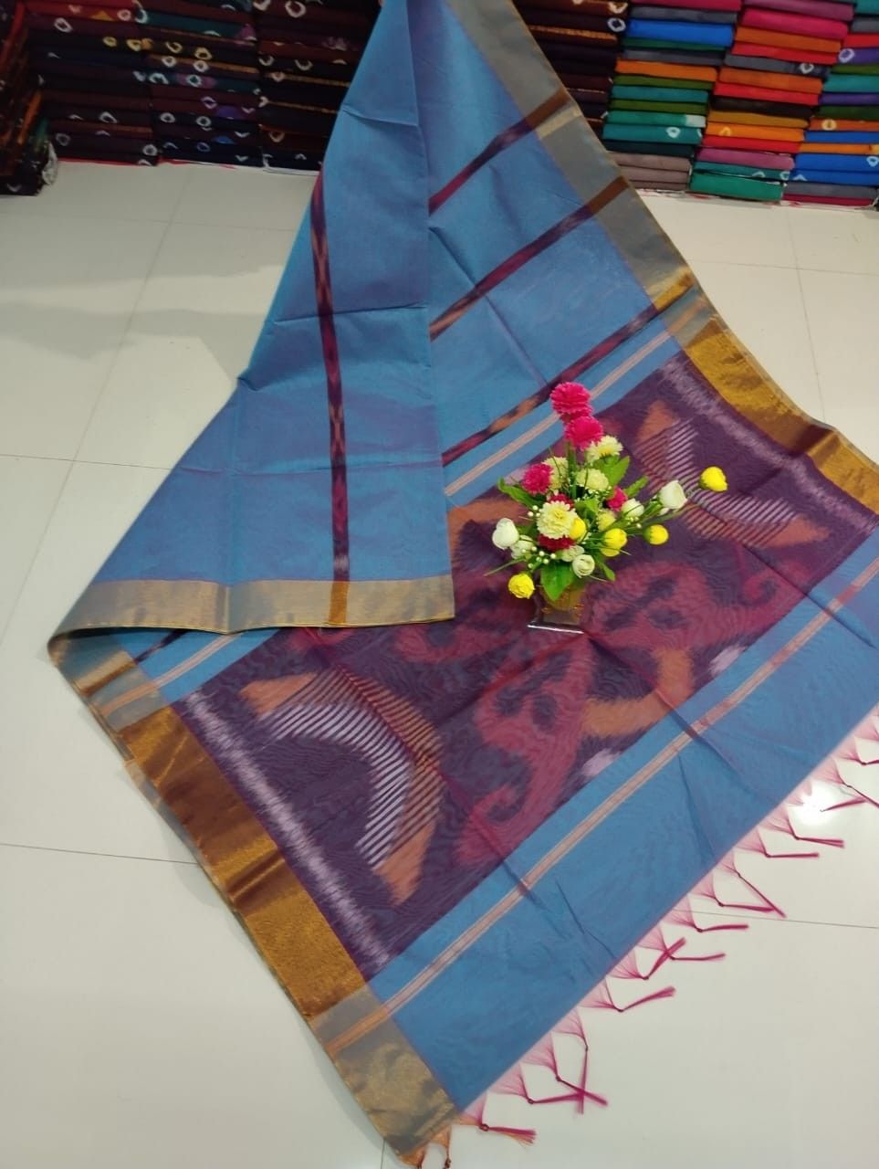 Blue ikat Silk cotton Saree