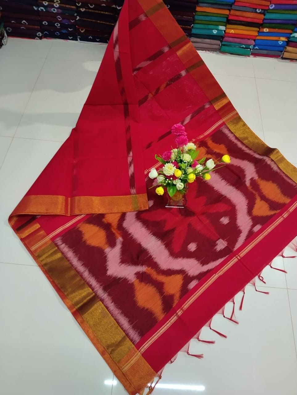 Red Ikat Silk cotton Saree
