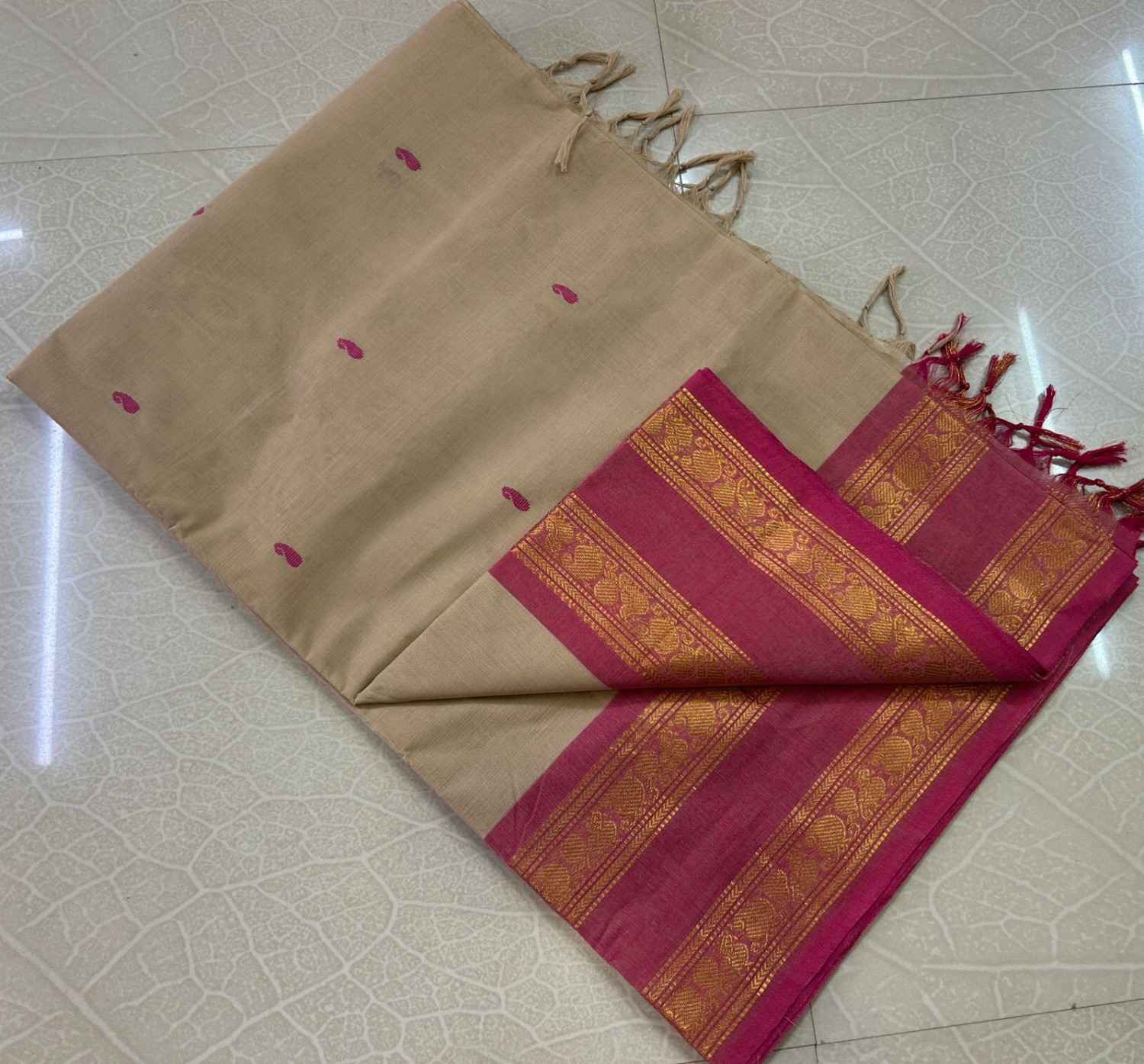 Beige and Pink Kanchi cotton Saree