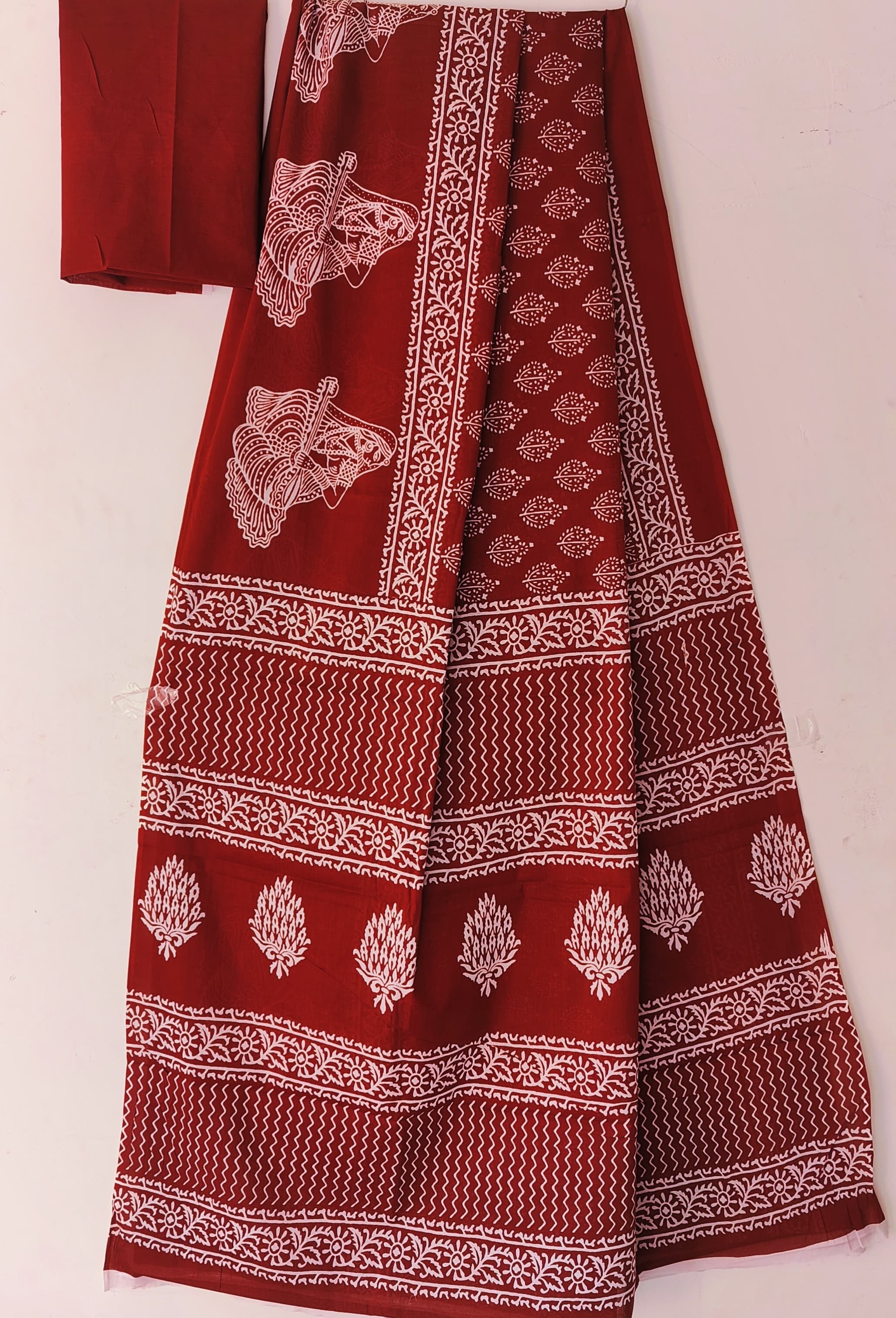 Handblock print mul mul cotton saree with blouse 6.3 mtr