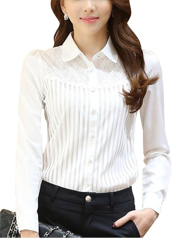 Womens Chiffon Vintage Stand Collar Button Down Shirt Long Sleeve