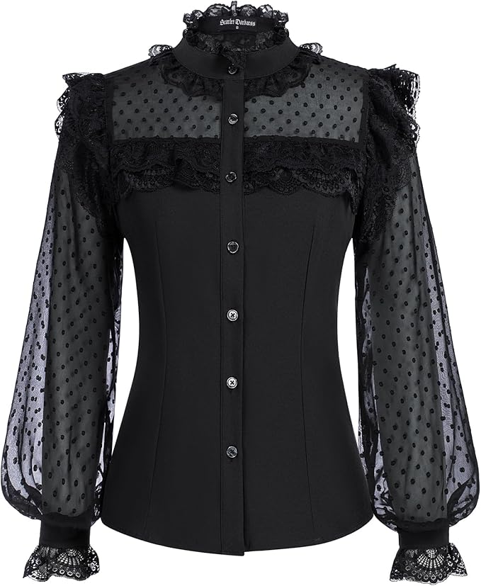 SCARLET DARKNESS Women's Victorian Blouse Swiss Dot Long Sleeve Vintage Tops Lace Stand Collar Ruffle Lace-up Gothic Shirts