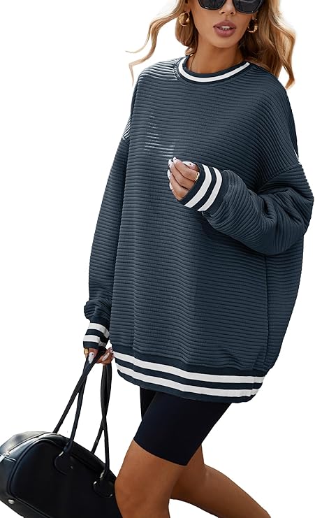 Famulily Women's Oversized Fall Winter Sweatshirts Long Sleeve Pullover Tops Casual Crewneck Striped Top