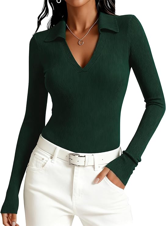 Dressmine Long Sleeve Tops Women T Shirts V Neck Henley Fitted Polo Shirt