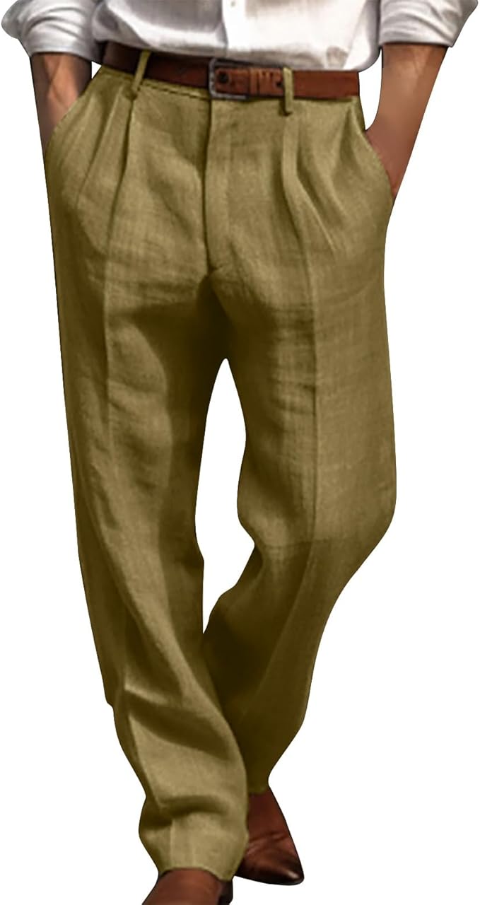 Mens Pleated Suit Trousers, Cotton Linen High Waist Cargo Office Pant