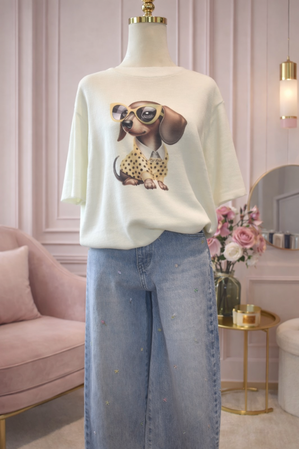 Sweterek krótki rękaw  z motywem psa