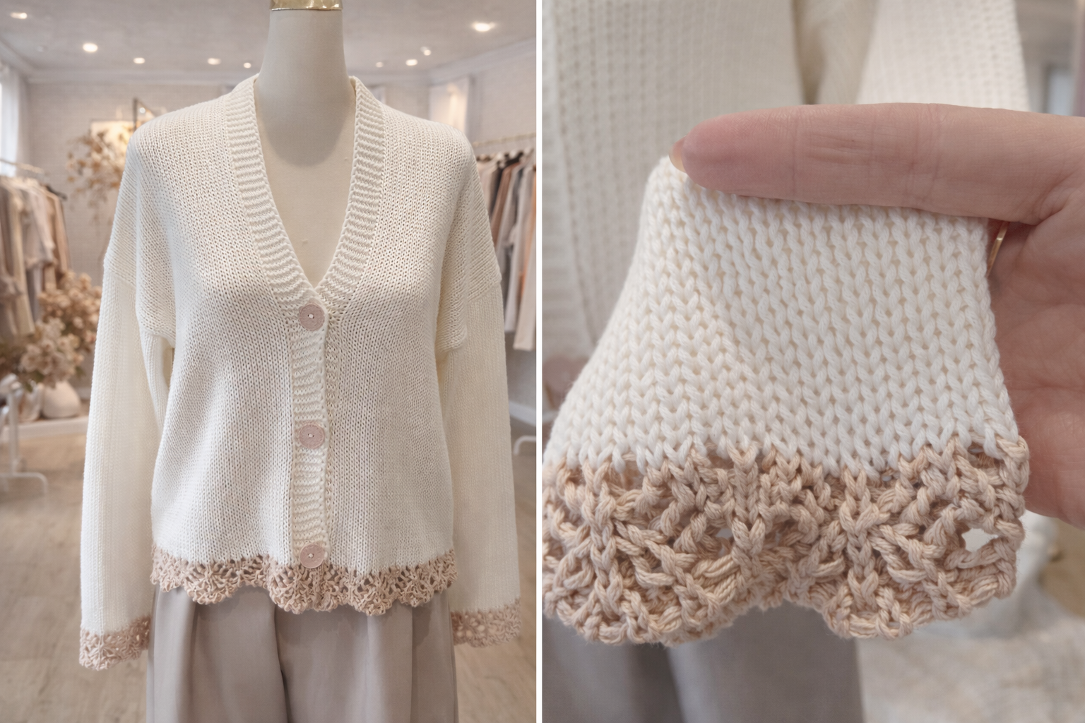  Biały sweterek rozpinany z koronką 