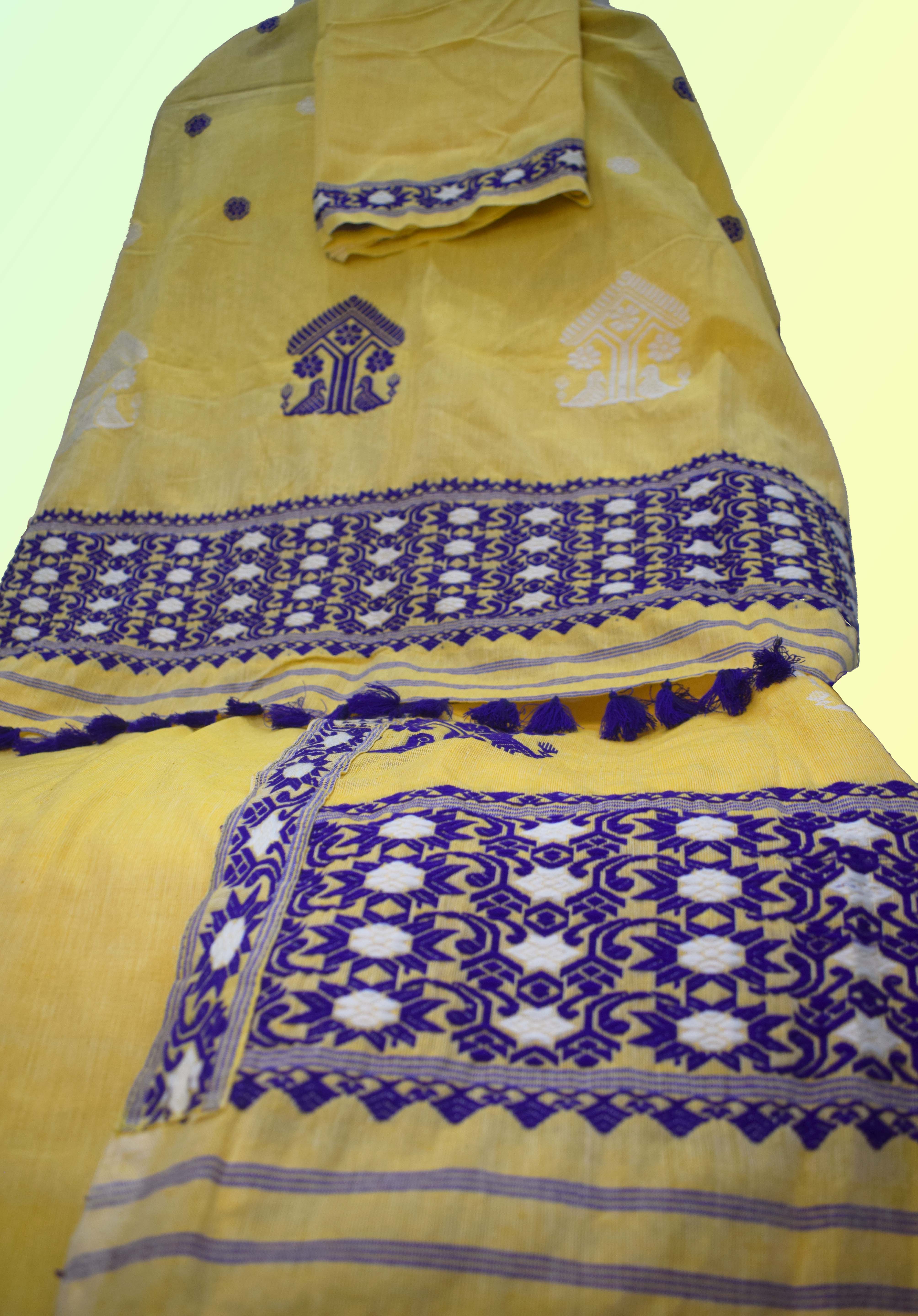 Mustard Yellow pure cotton Masraj Mekhela Sador with Blue Ful 