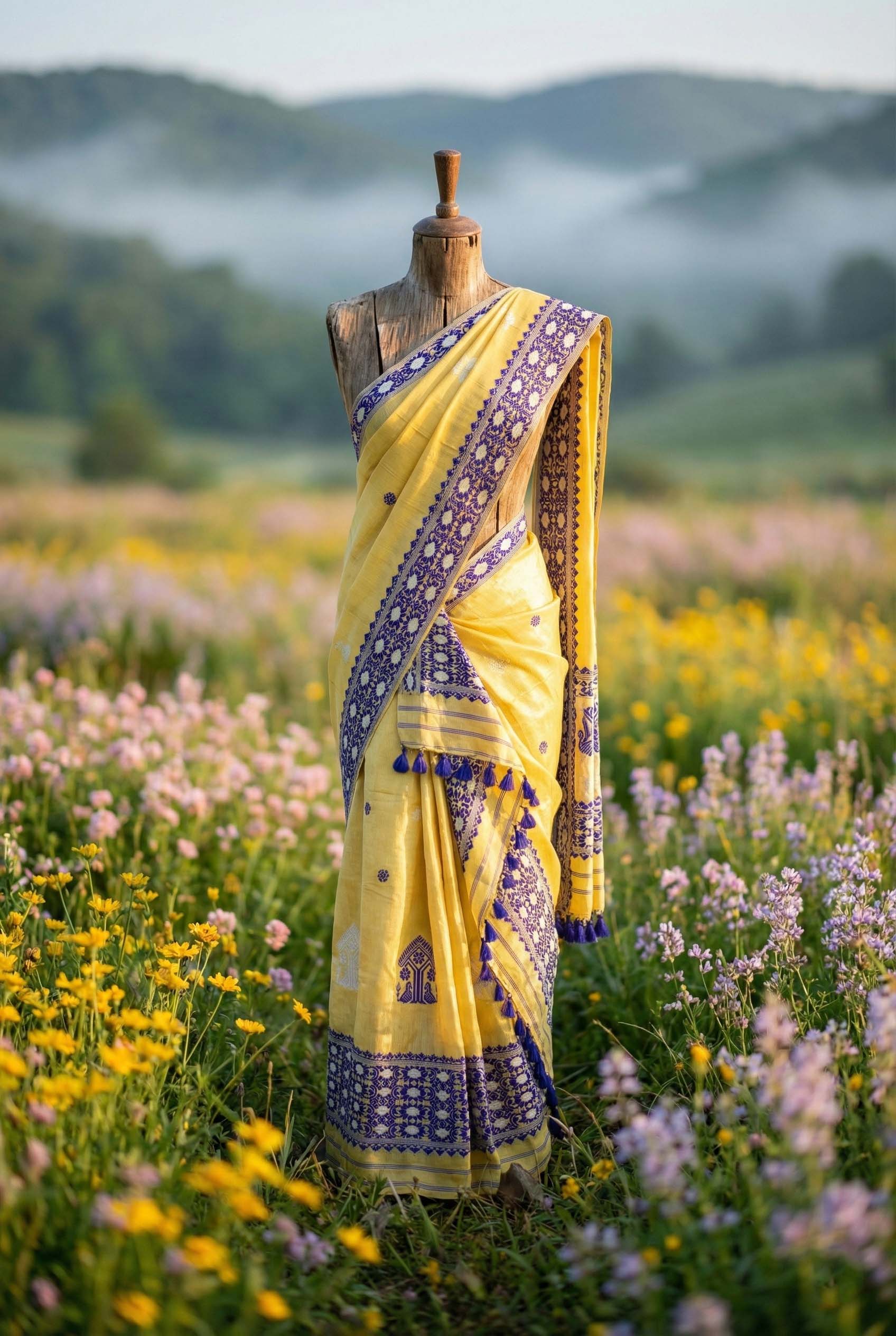 Mustard Yellow pure cotton Masraj Mekhela Sador with Blue Ful 