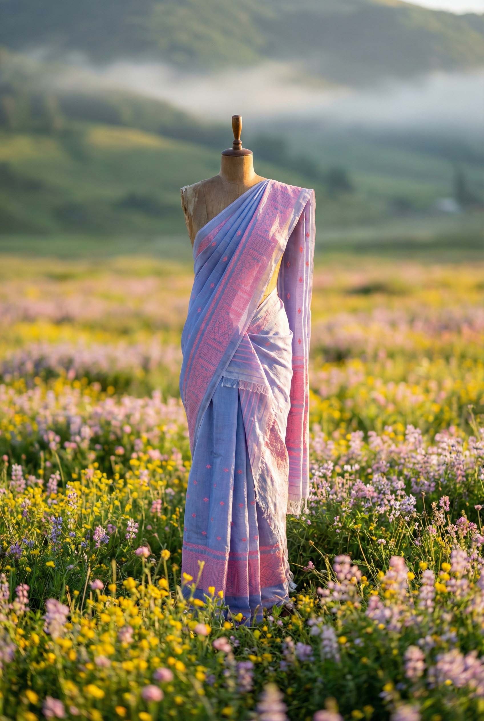 Lavender pure cotton Masraj Mekhela Sador with Baby Pink Ful 