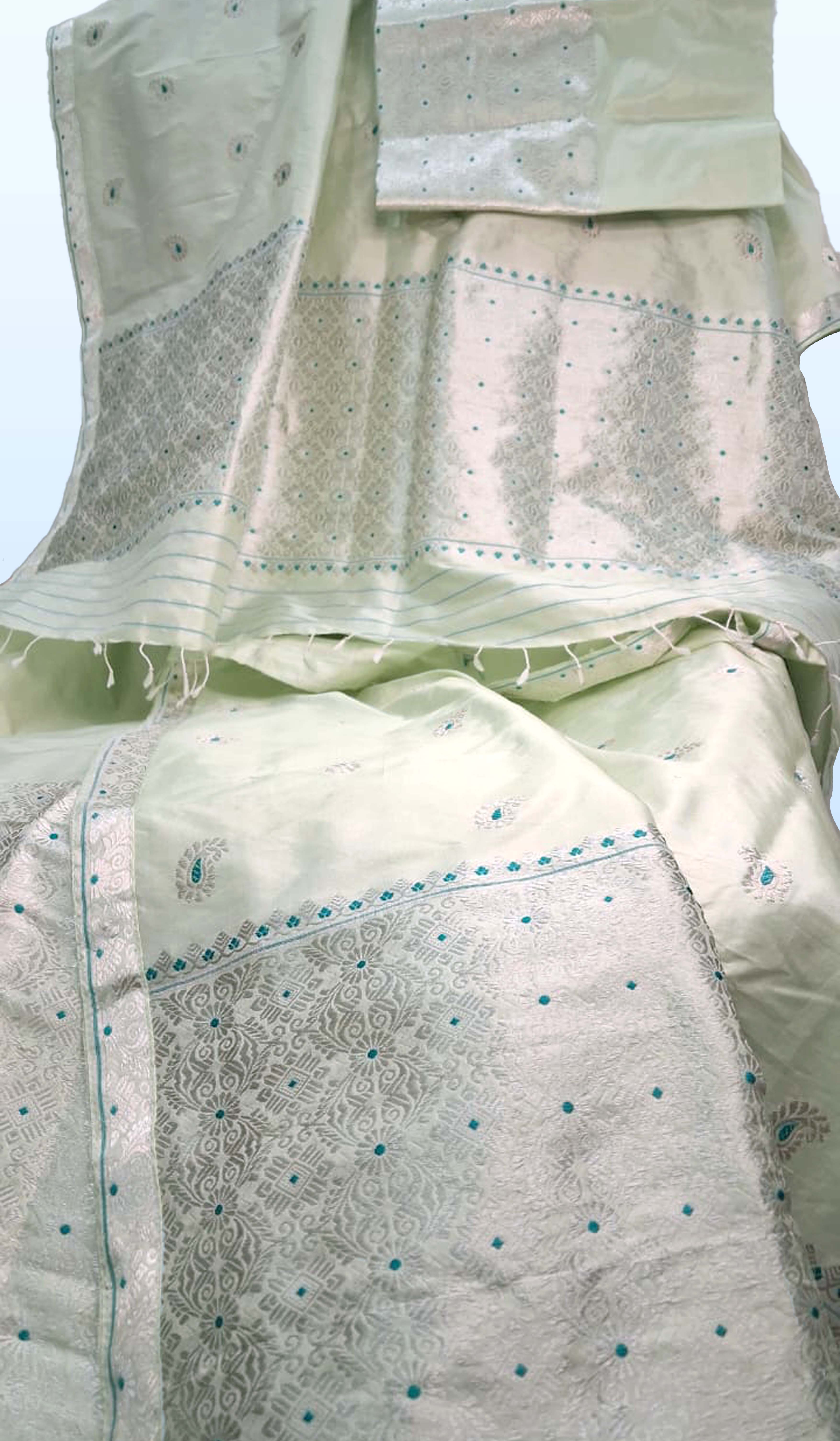 Seafoam Green Paat Silk Mekhela Sador with Silver Guna 