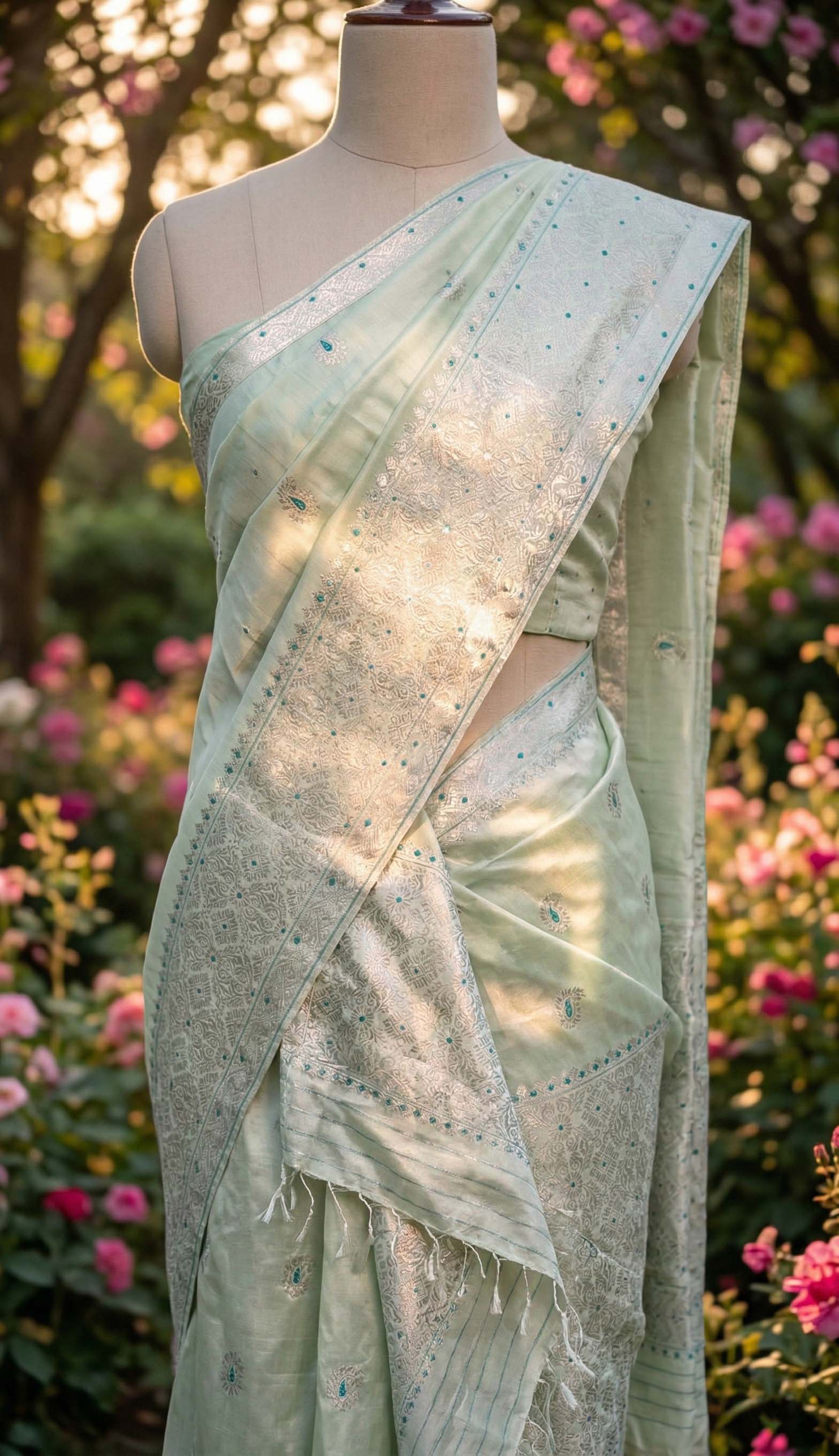 Seafoam Green Paat Silk Mekhela Sador with Silver Guna 