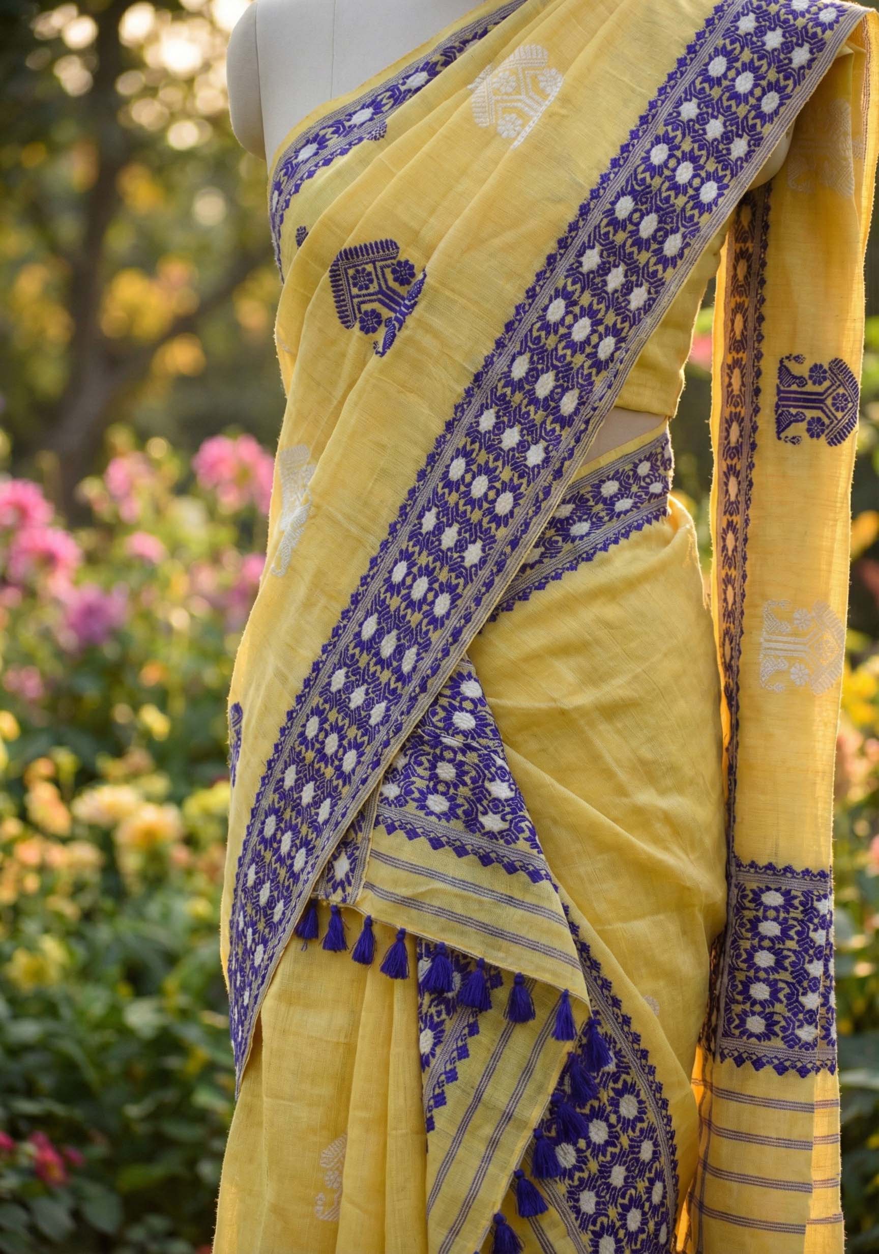 Mustard Yellow pure cotton Masraj Mekhela Sador with Blue Ful 
