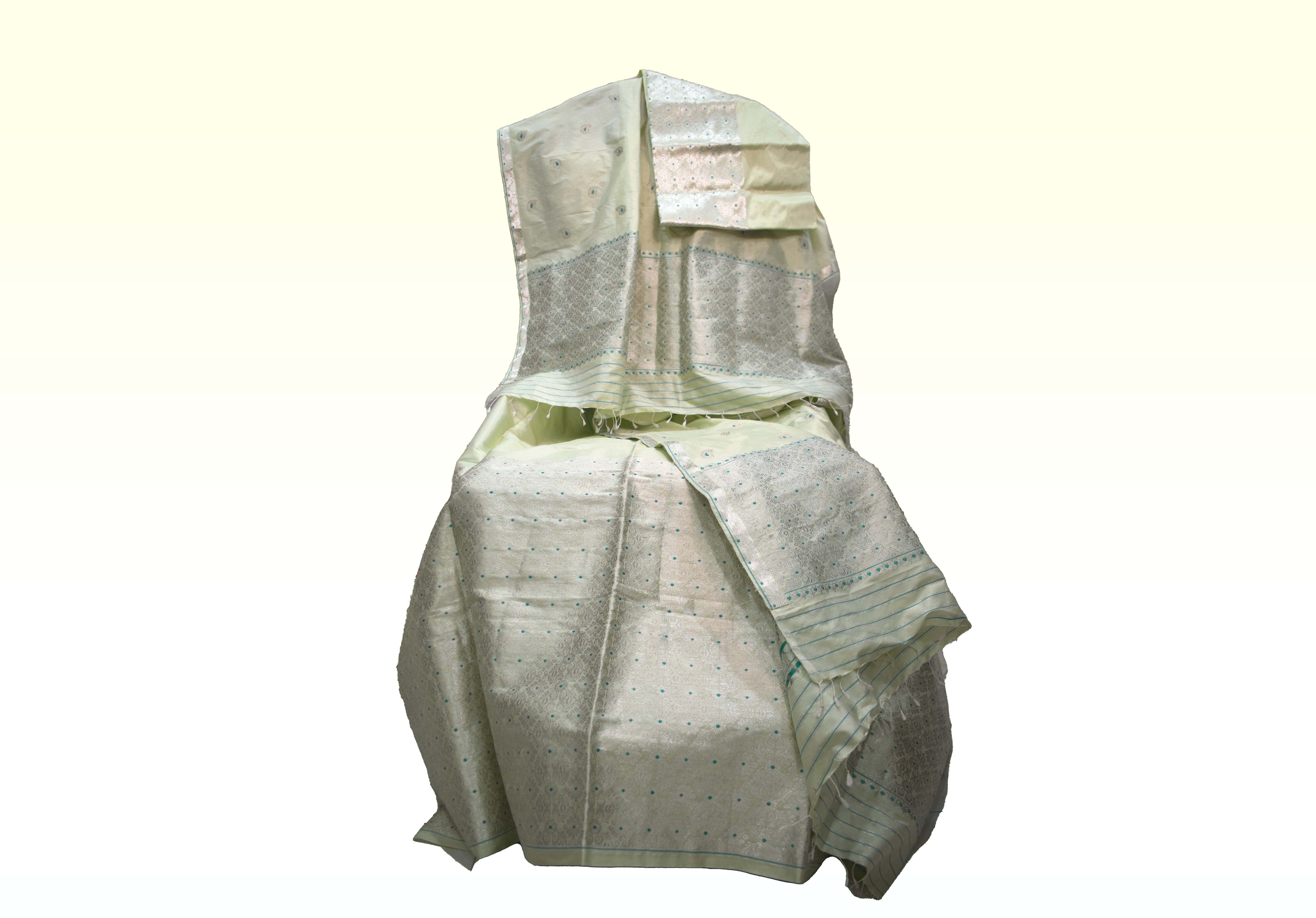 Seafoam Green Paat Silk Mekhela Sador with Silver Guna 