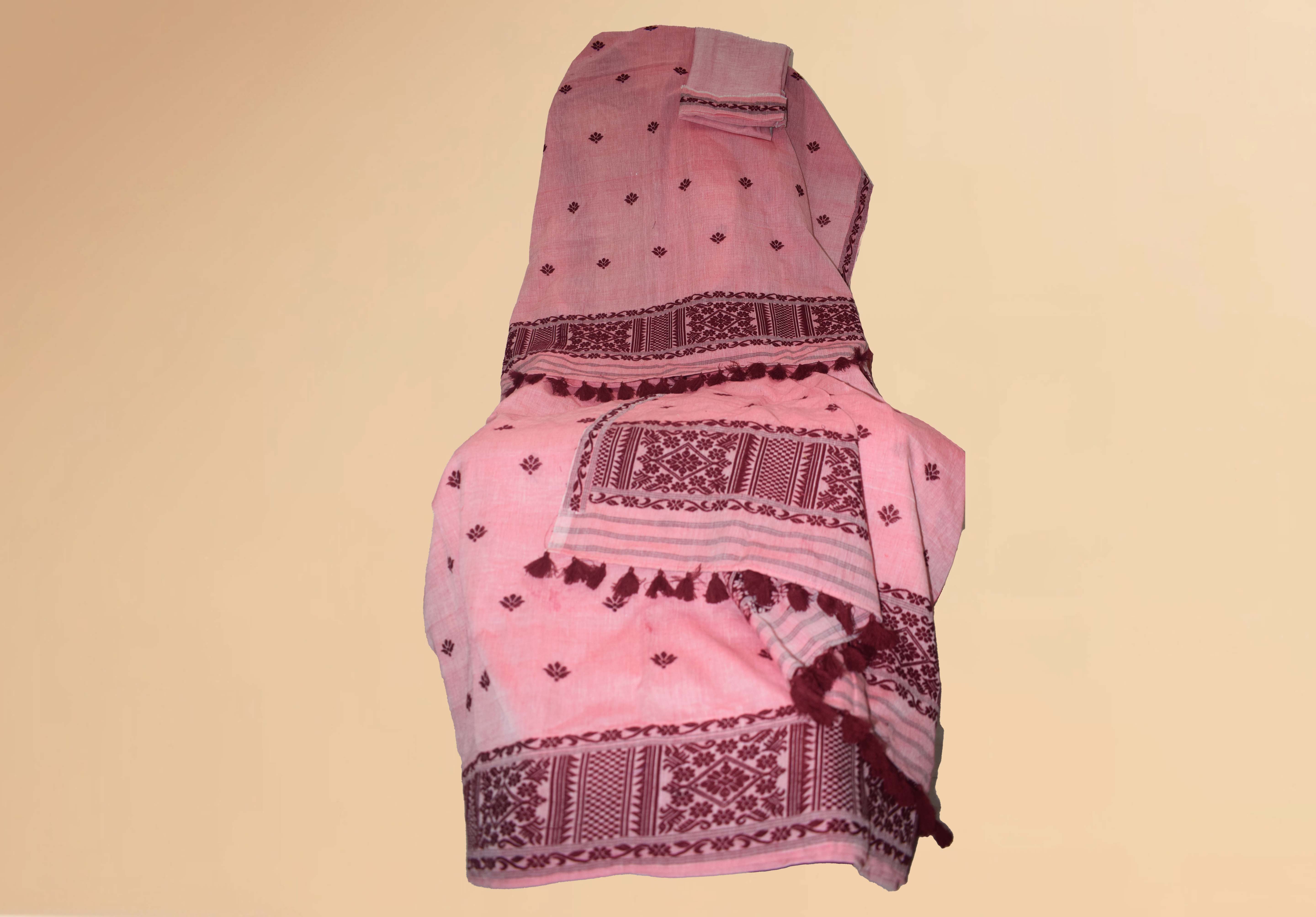 Peach pure cotton Masraj Mekhela Sador with Cocoa Brown Ful 