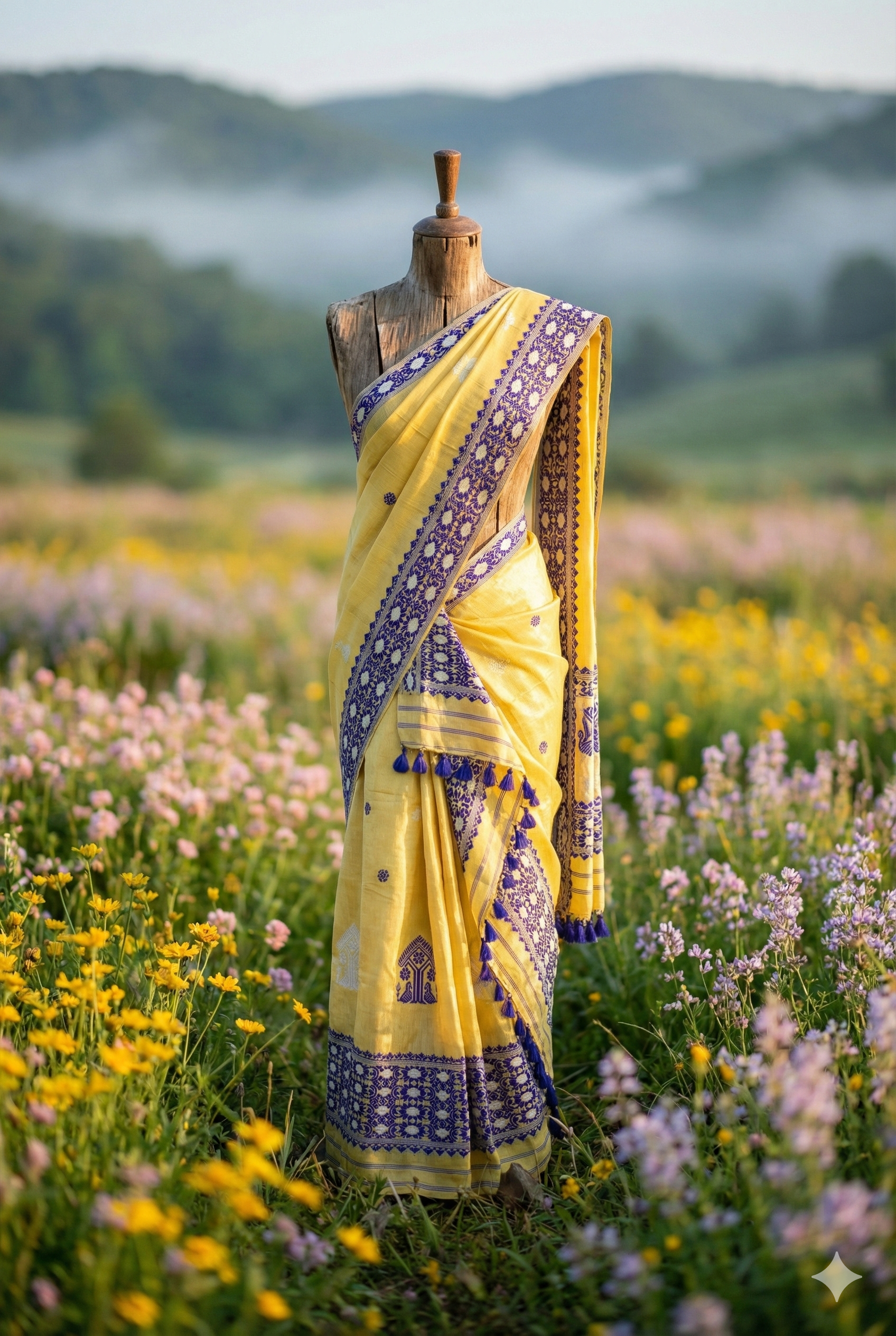 Mustard Yellow pure cotton Masraj Mekhela Sador with Blue Ful 