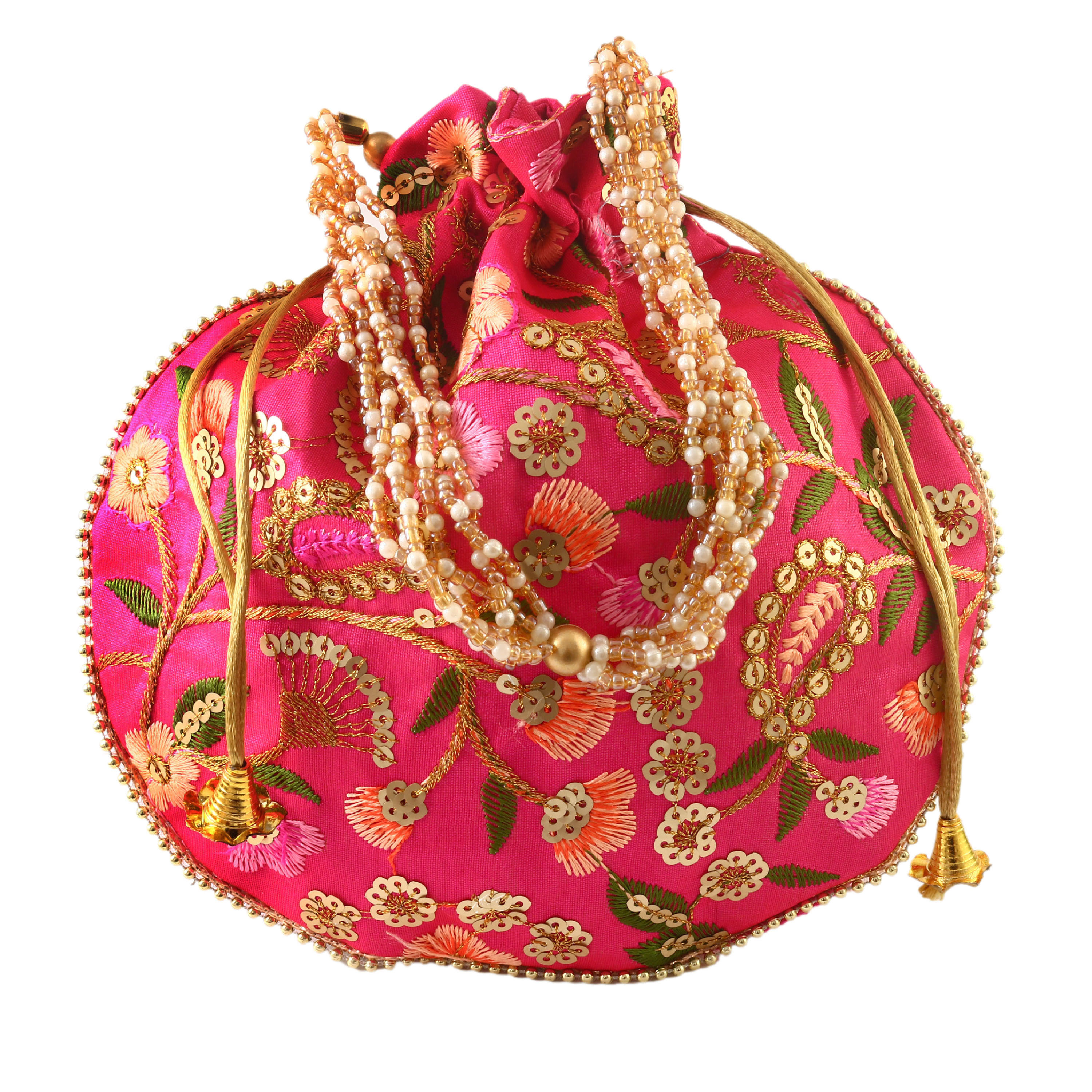 Rajasthani Style Royal Clutch Silk Batwa Bag Wristlets Embroidered Potli Bag With Floral Design, Pearl Handle, Traditional Drawstring Purse