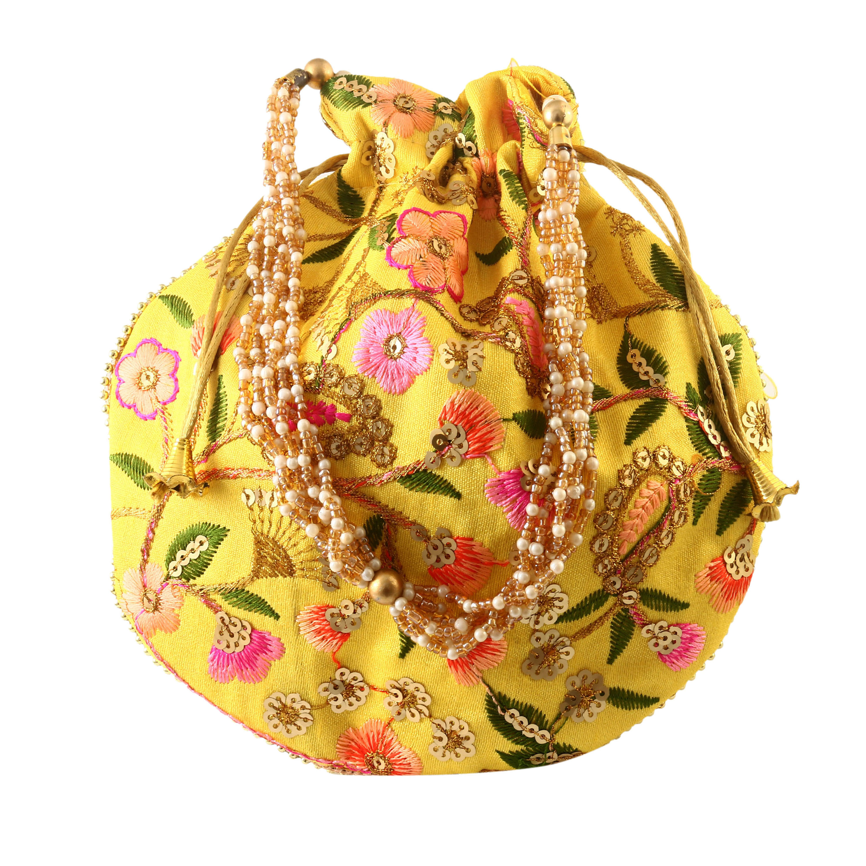 Rajasthani Style Royal Clutch Silk Batwa Bag Wristlets Embroidered Potli Bag With Floral Design, Pearl Handle, Traditional Drawstring Purse