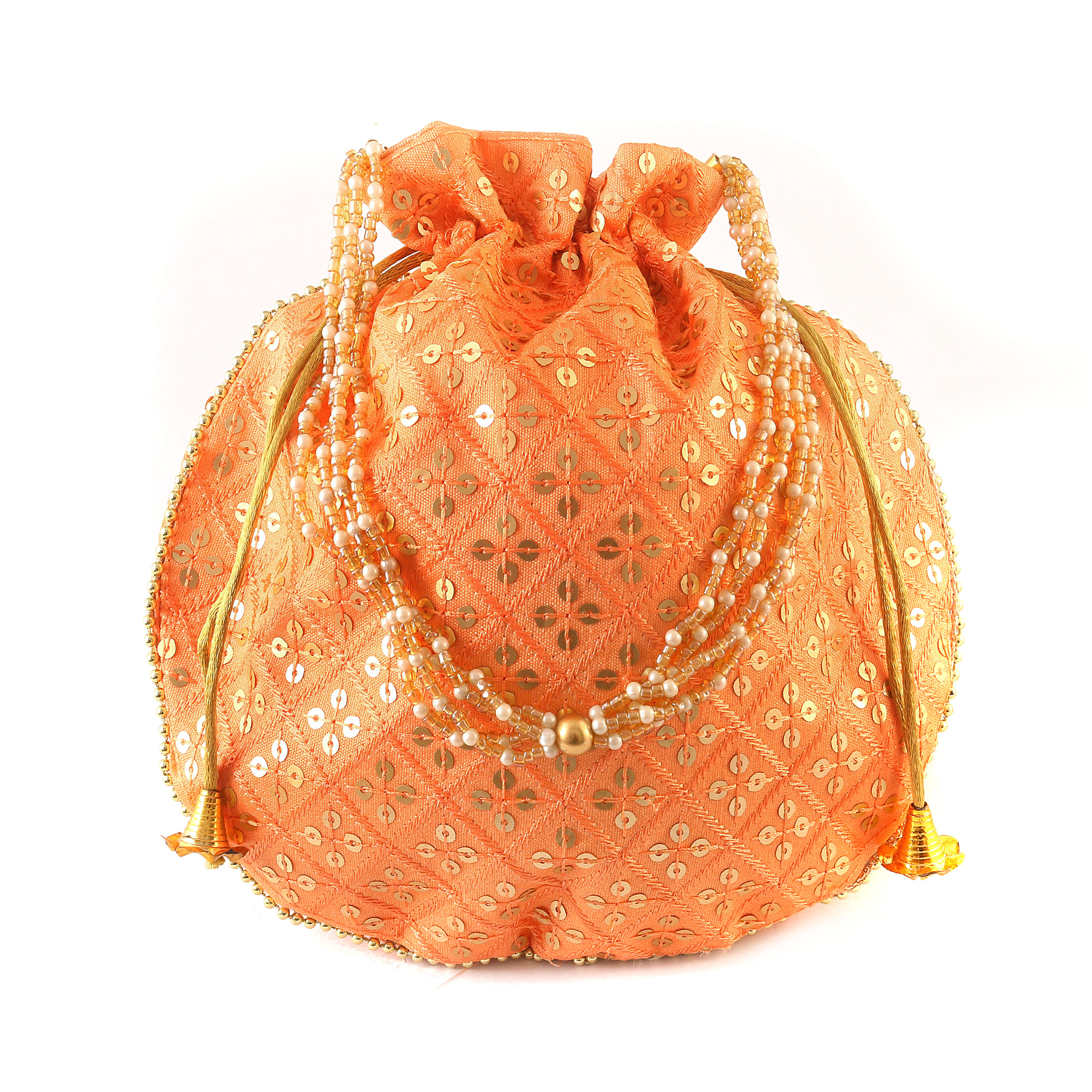  Sequins Potli Drawstring Bags with Pearl Handle, Floral Embroidered Design