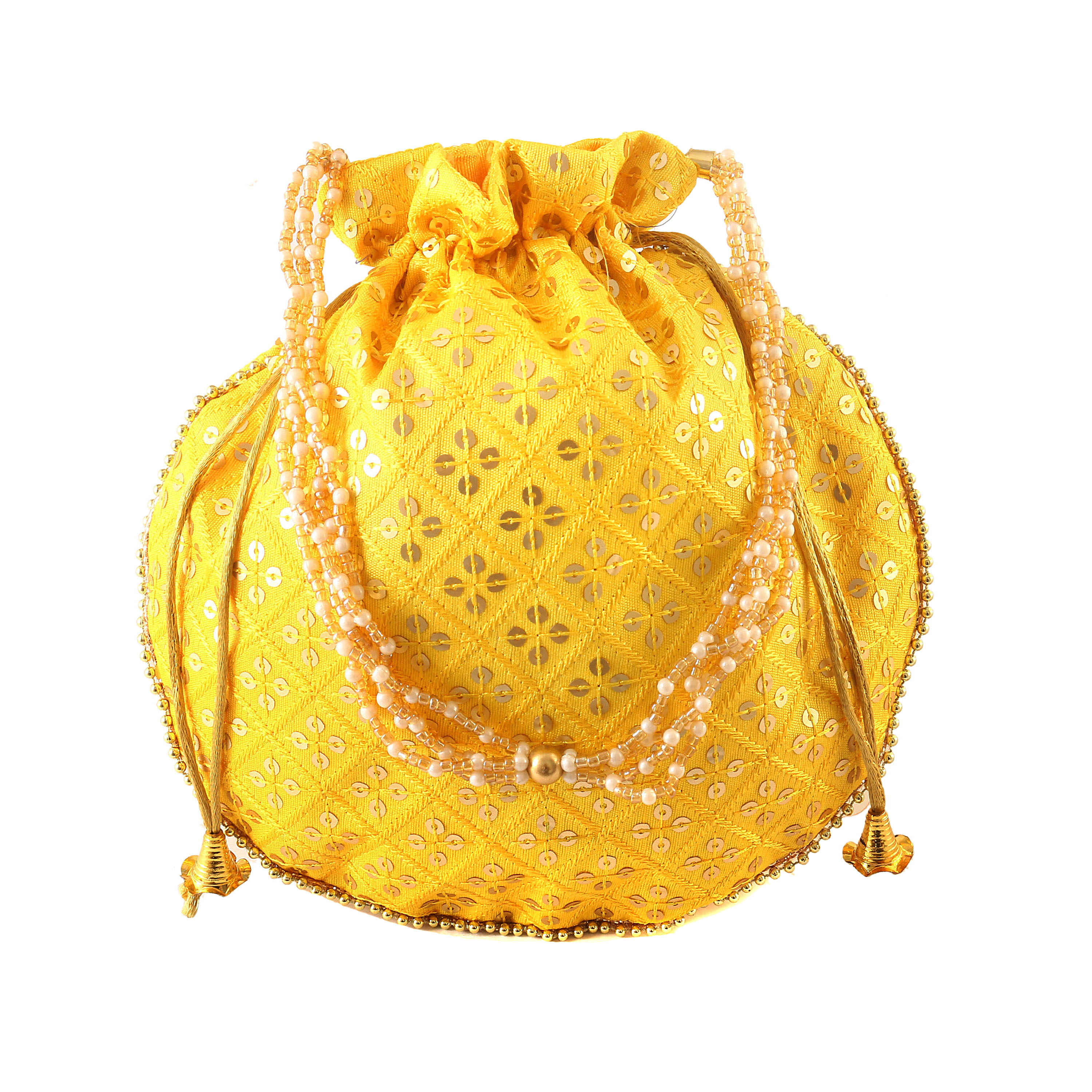  Sequins Potli Drawstring Bags with Pearl Handle, Floral Embroidered Design