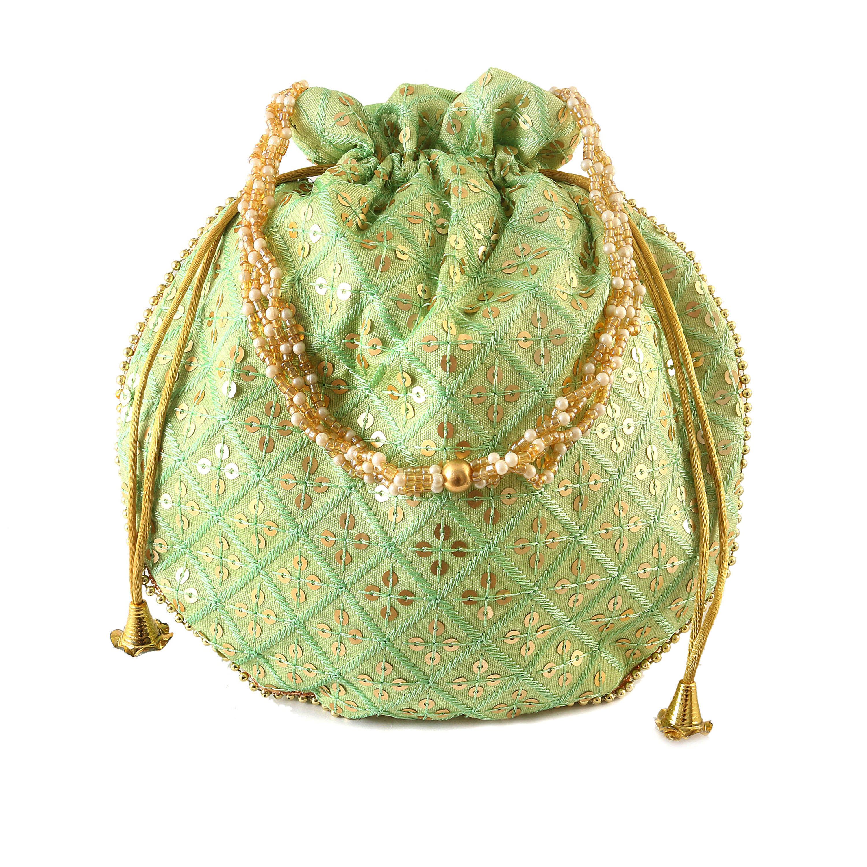  Sequins Potli Drawstring Bags with Pearl Handle, Floral Embroidered Design