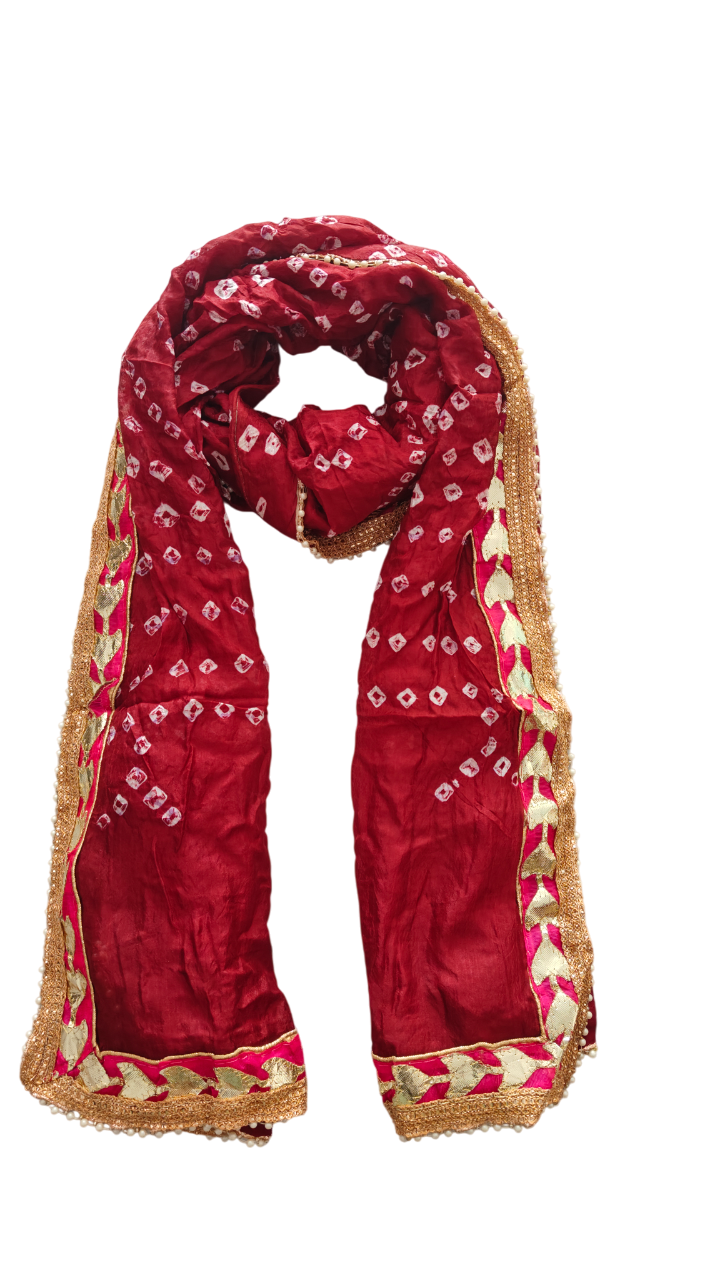 Women's Silk Jaipuri Rajasthani Bandhani Bandhej Tie Dye Emblished Dupatta with Gota Work and Latkan (2.25 MT)