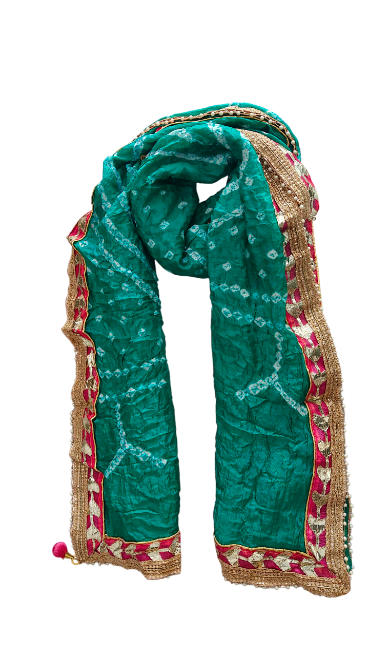 Women's Silk Jaipuri Rajasthani Bandhani Bandhej Tie Dye Emblished Dupatta with Gota Work and Latkan (2.25 MT)