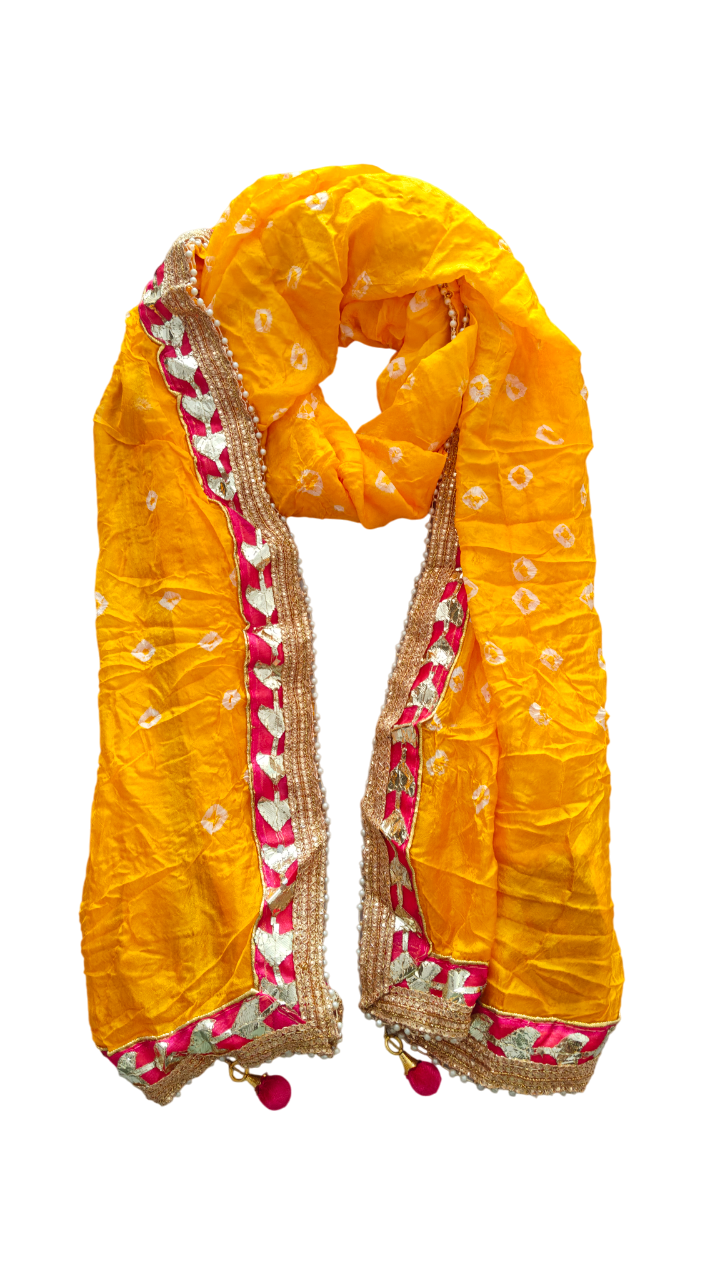 Women's Silk Jaipuri Rajasthani Bandhani Bandhej Tie Dye Emblished Dupatta with Gota Work and Latkan (2.25 MT)