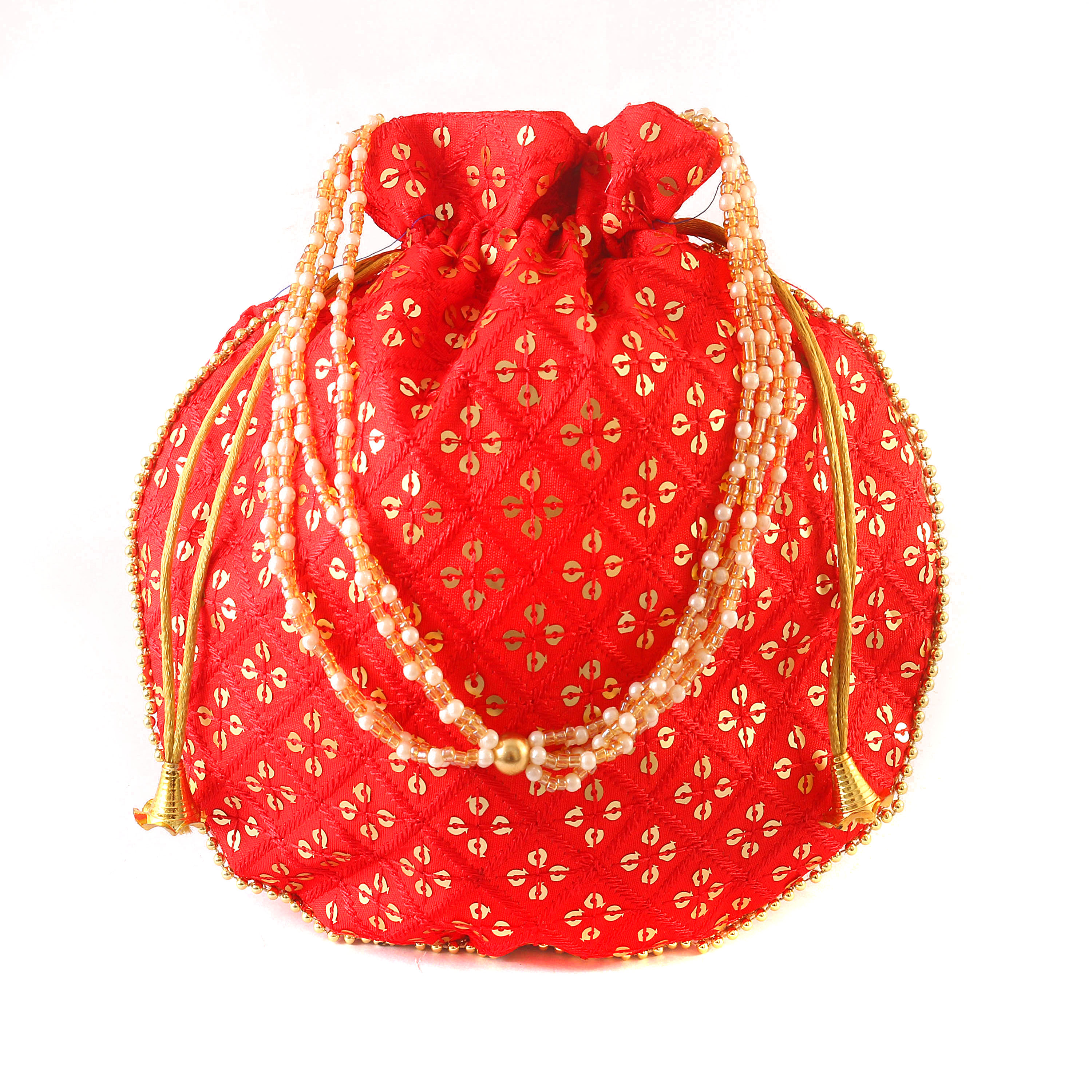  Sequins Potli Drawstring Bags with Pearl Handle, Floral Embroidered Design
