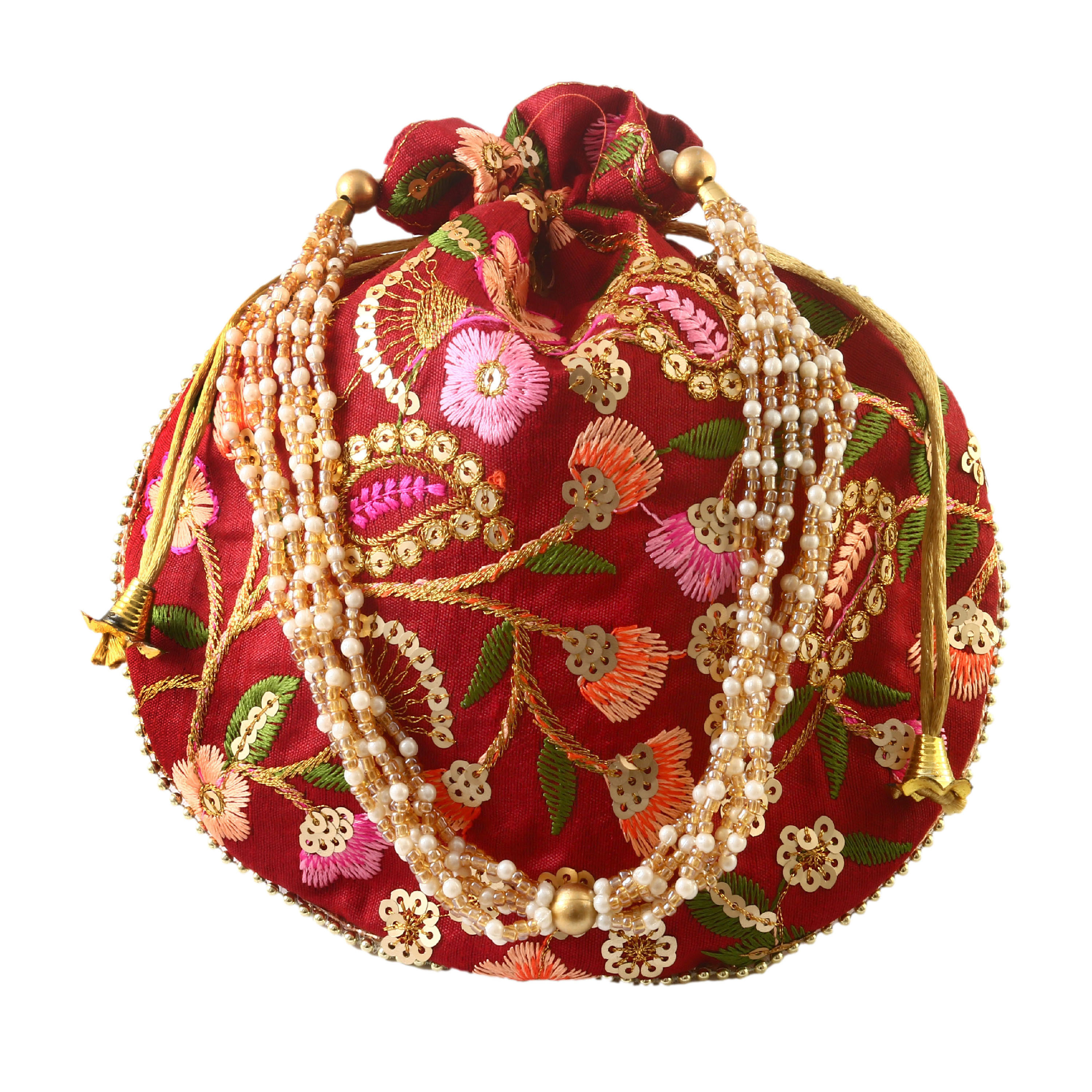 Rajasthani Style Royal Clutch Silk Batwa Bag Wristlets Embroidered Potli Bag With Floral Design, Pearl Handle, Traditional Drawstring Purse