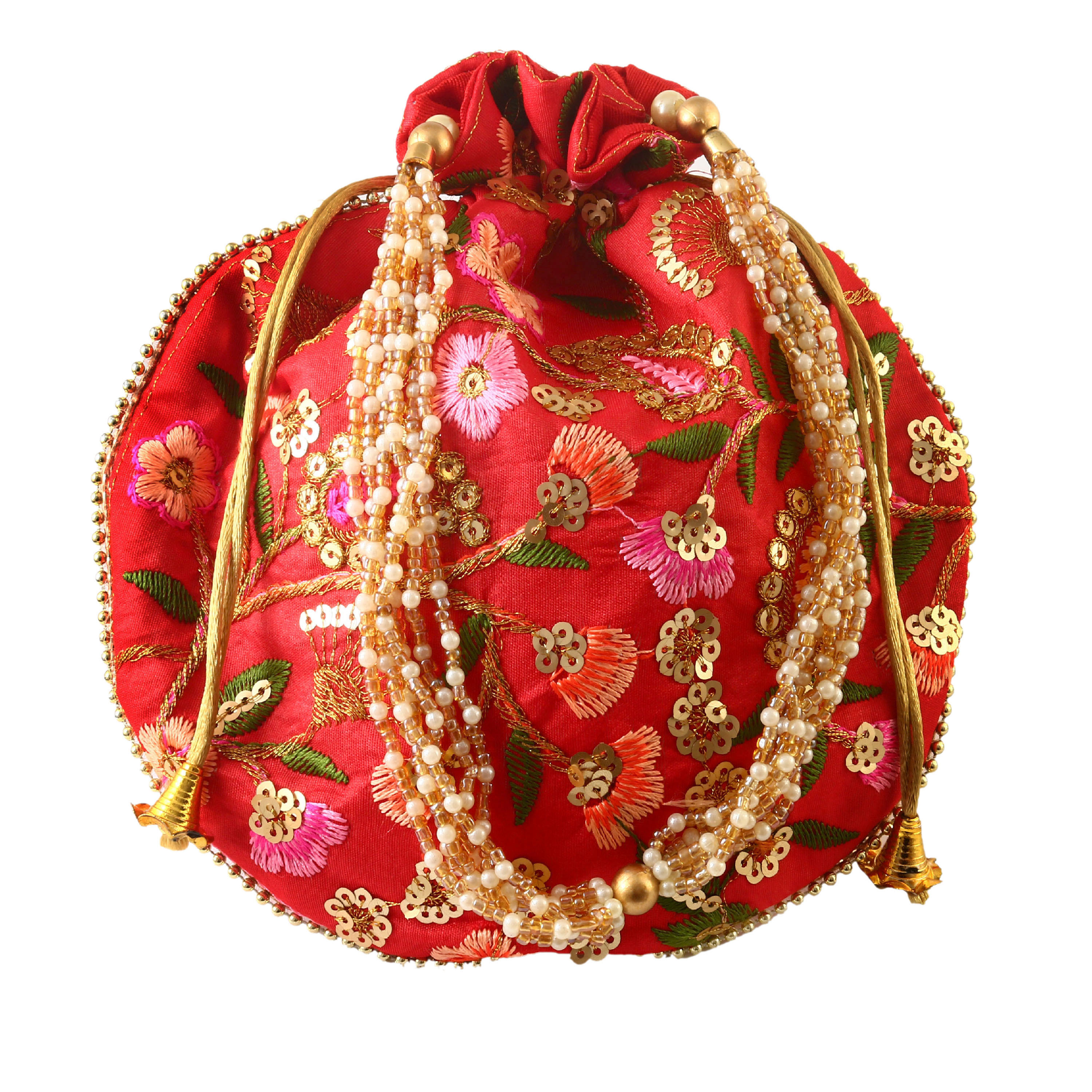 Rajasthani Style Royal Clutch Silk Batwa Bag Wristlets Embroidered Potli Bag With Floral Design, Pearl Handle, Traditional Drawstring Purse