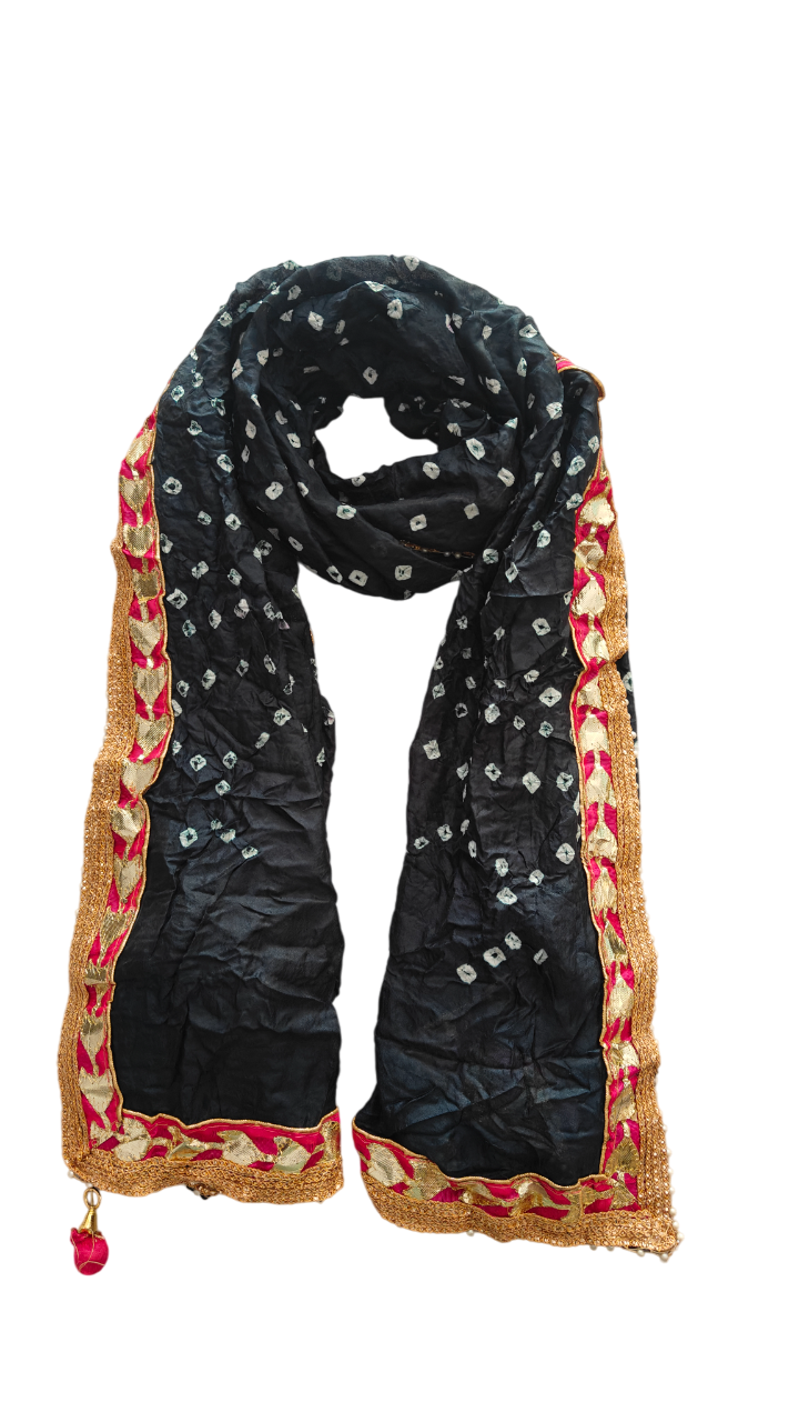 Women's Silk Jaipuri Rajasthani Bandhani Bandhej Tie Dye Emblished Dupatta with Gota Work and Latkan (2.25 MT)